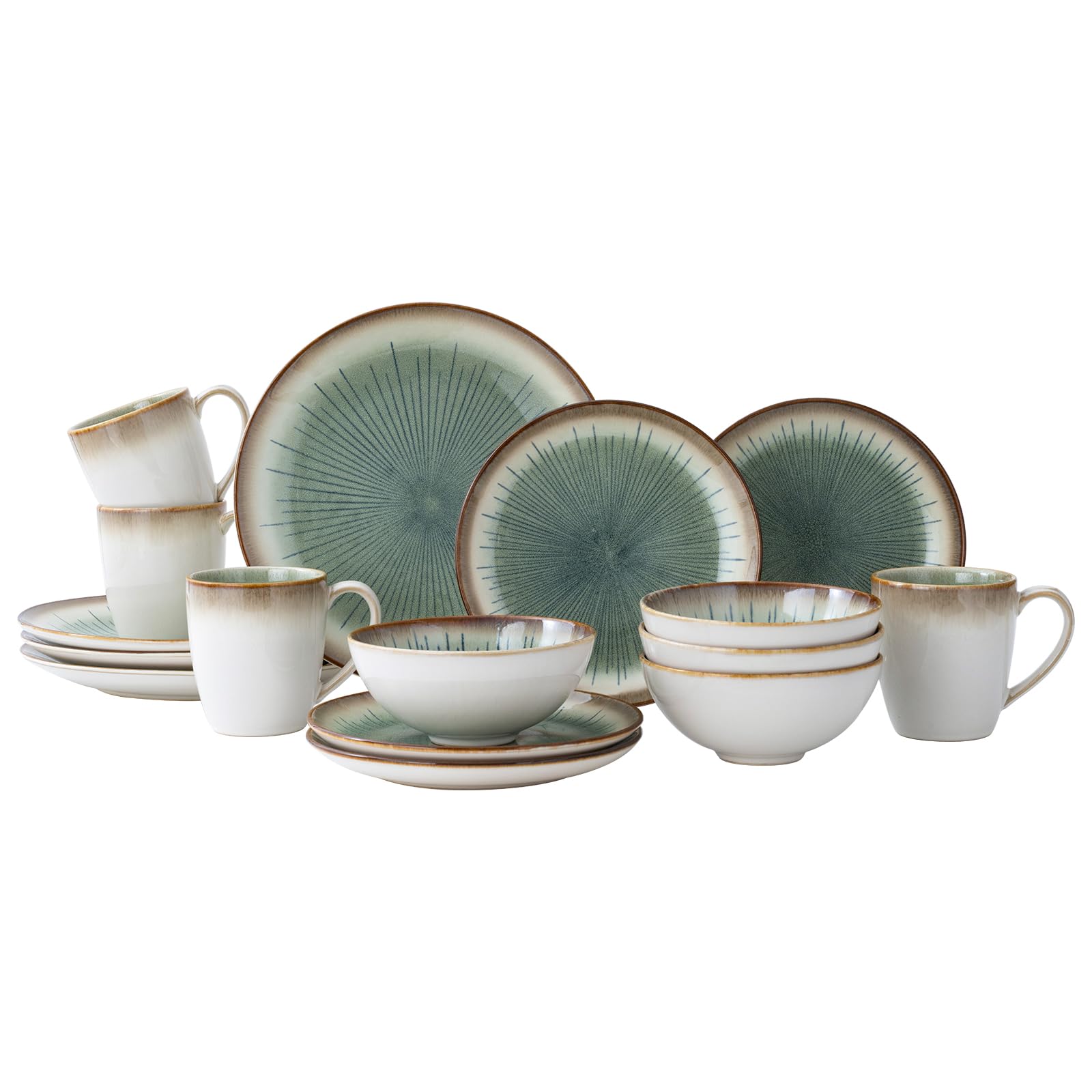 WHITEPEONY Stoneware Dinner Set — Gemstone Green, Service for 4 (16 pc)