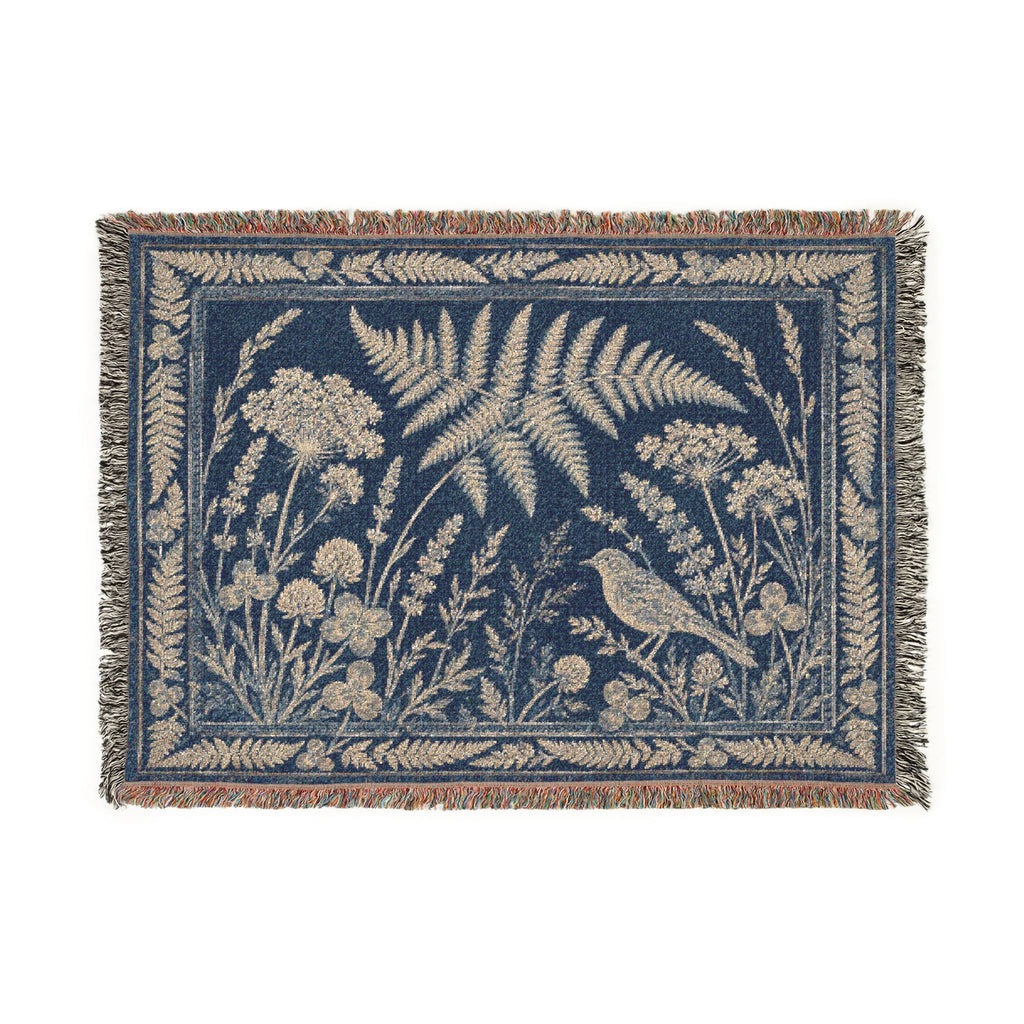 Blue Botanical Woven Throw Blanket, Cyanotype Wildflower Tapestry