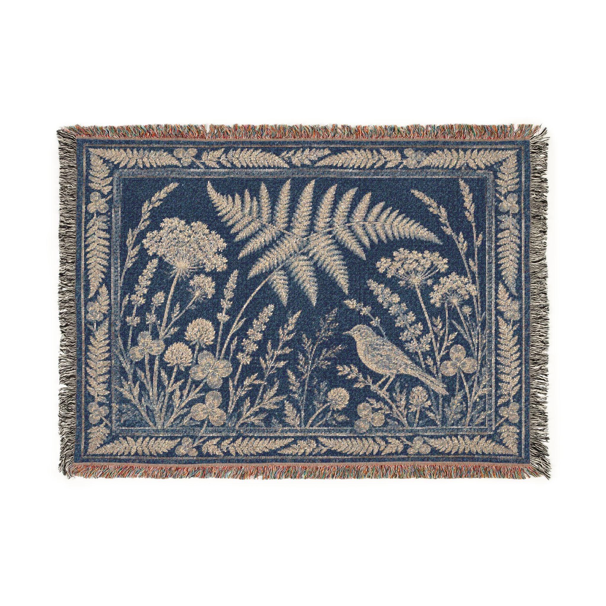 Blue Botanical Woven Throw Blanket, Cyanotype Wildflower Tapestry