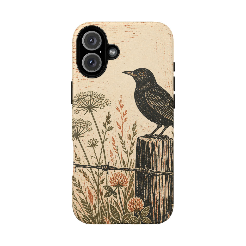 Rustic Matte iPhone Case for iPhone 15–17, Blackbird Linocut