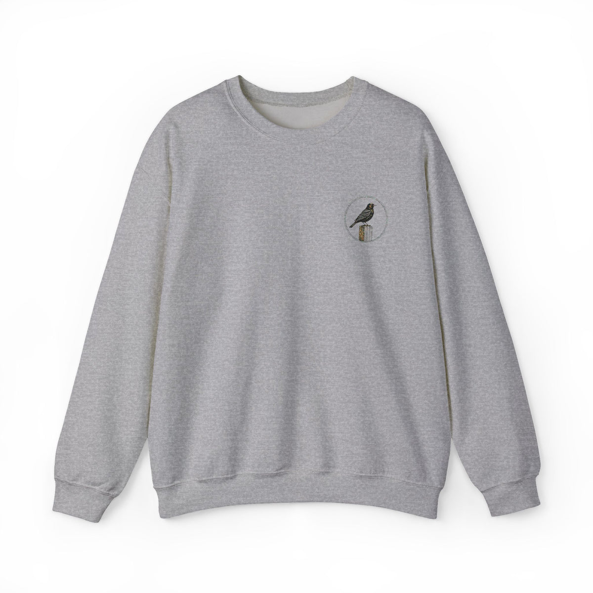 White Crewneck Sweatshirt with Embroidered Patch — Blackbird Graphic