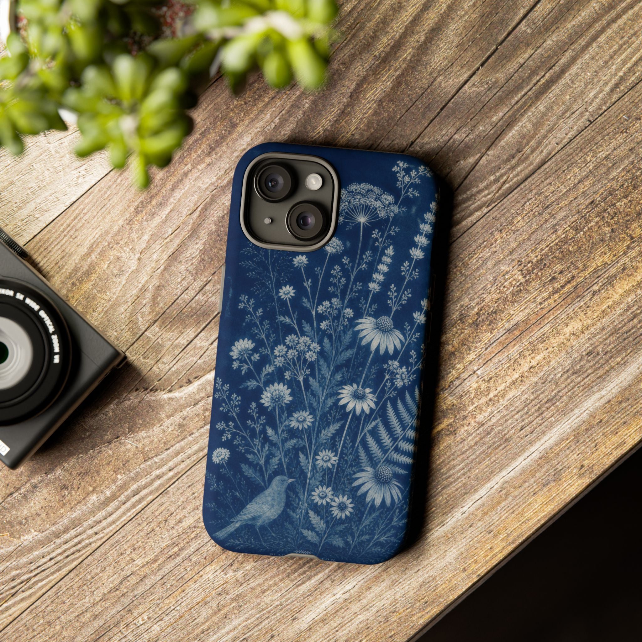 Blue Botanical iPhone Case for iPhone 15–17, Cyanotype Wildflowers