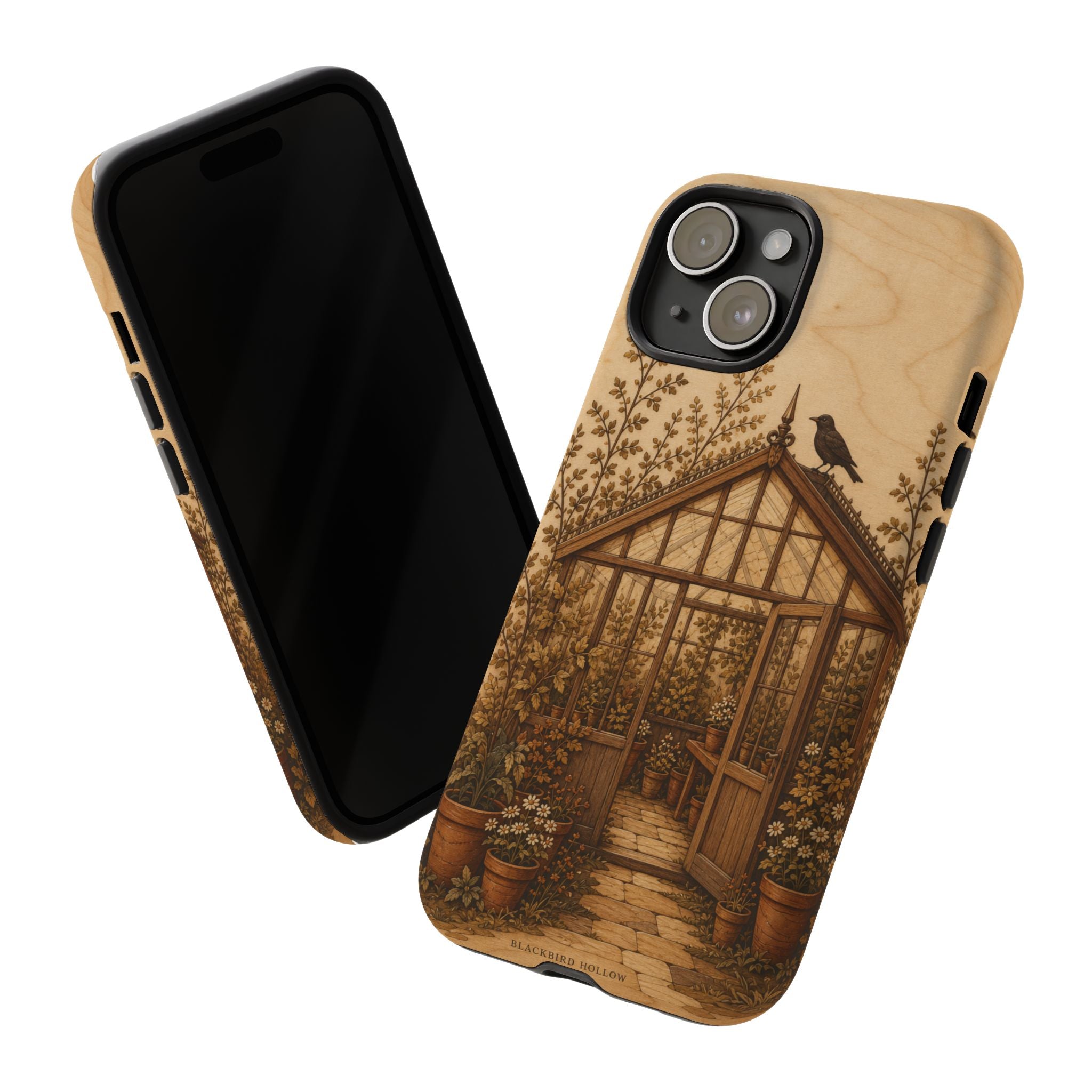 Botanical iPhone Case for iPhone 15–17, Wood Marquetry Greenhouse