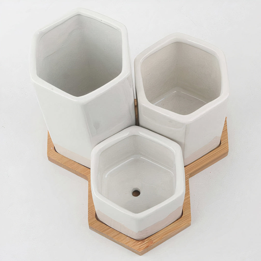 Ceramic Planters — Set of 3 with Bamboo Tray