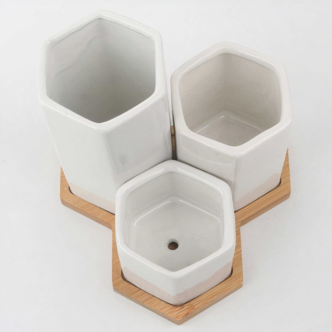 Ceramic Planters — Set of 3 with Bamboo Tray