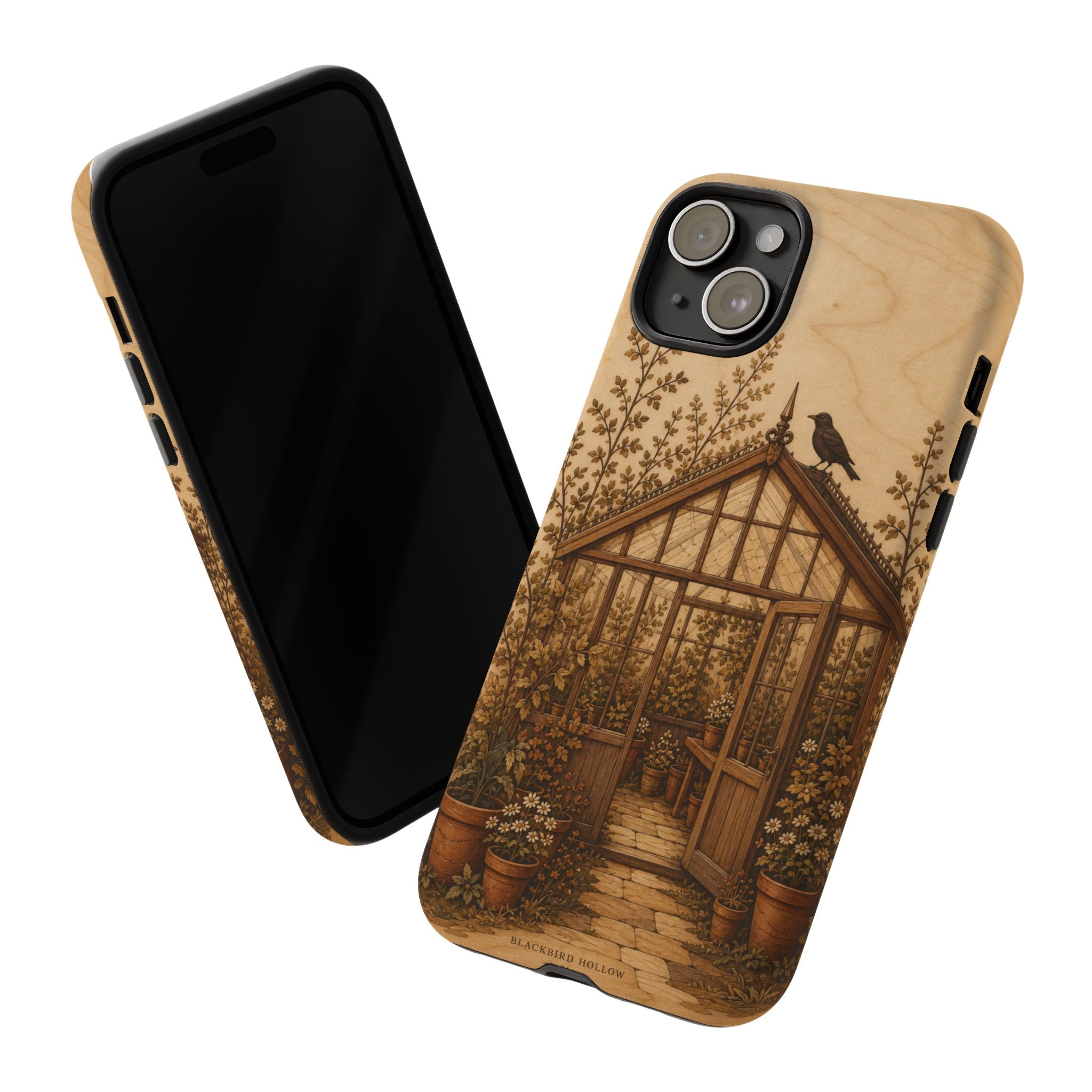 Botanical iPhone Case for iPhone 15–17, Wood Marquetry Greenhouse
