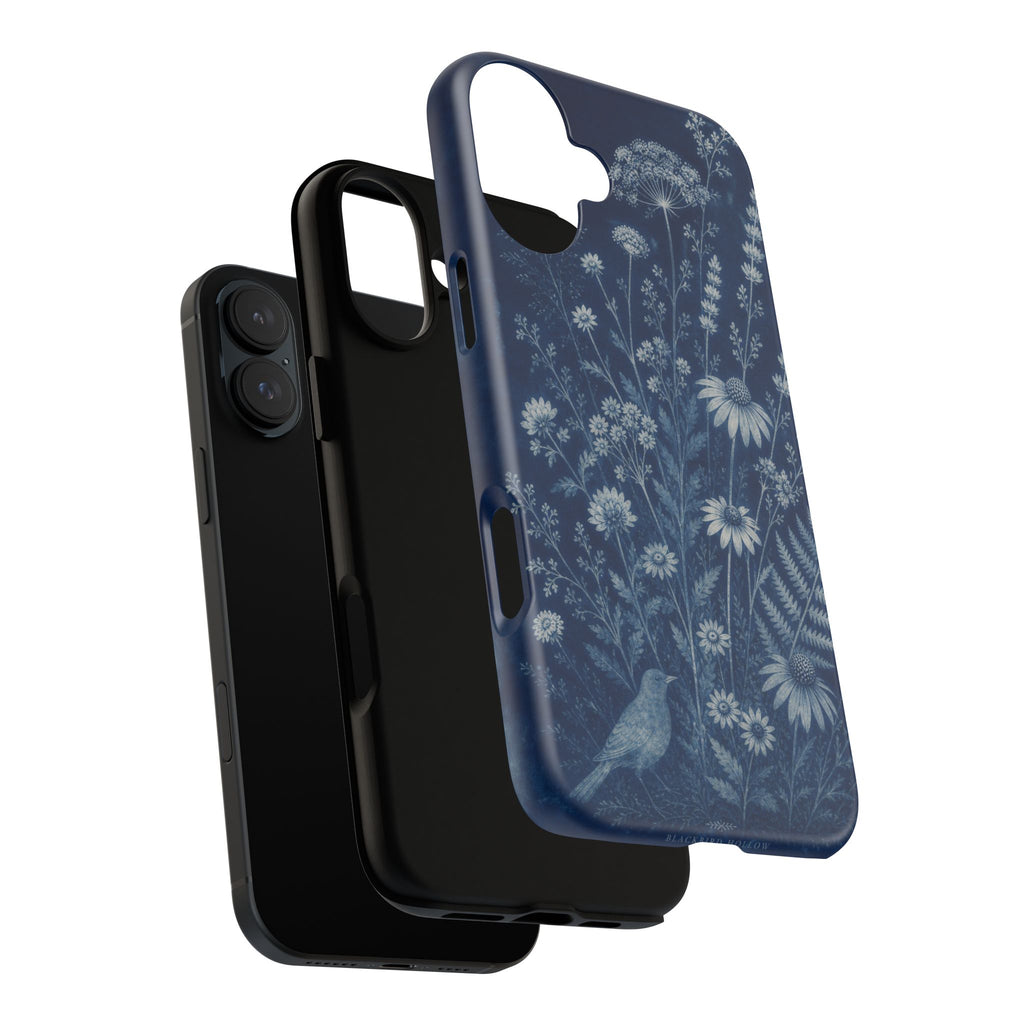 Blue Botanical iPhone Case for iPhone 15–17, Cyanotype Wildflowers