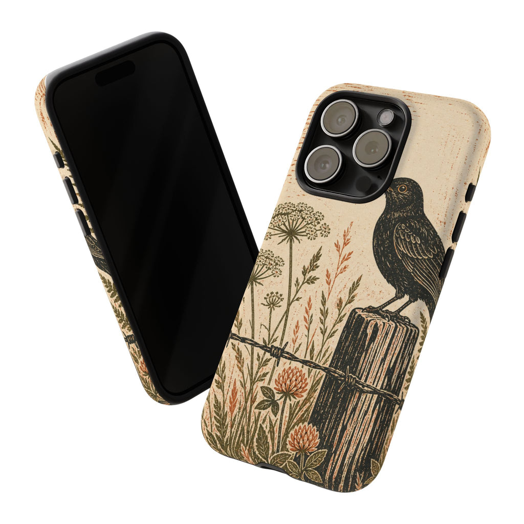 Rustic Matte iPhone Case for iPhone 15–17, Blackbird Linocut