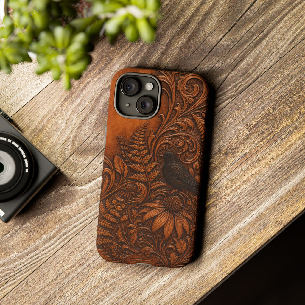 Floral Matte iPhone Case for iPhone 15–17, Tooled Leather Look