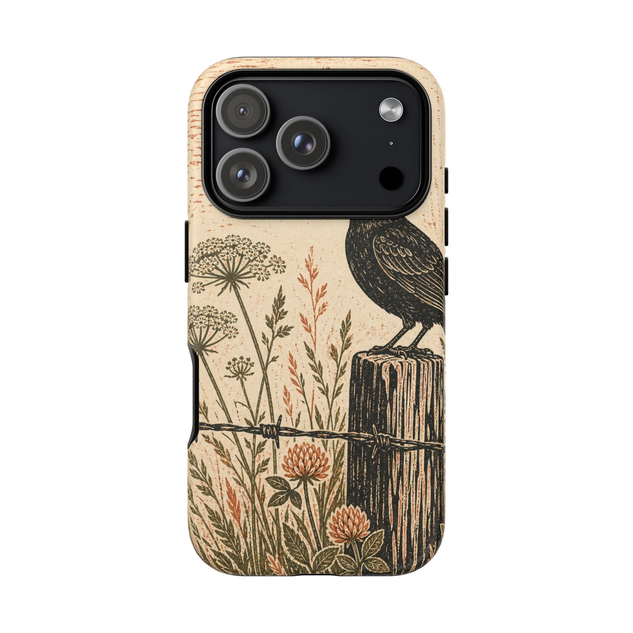Rustic Matte iPhone Case for iPhone 15–17, Blackbird Linocut