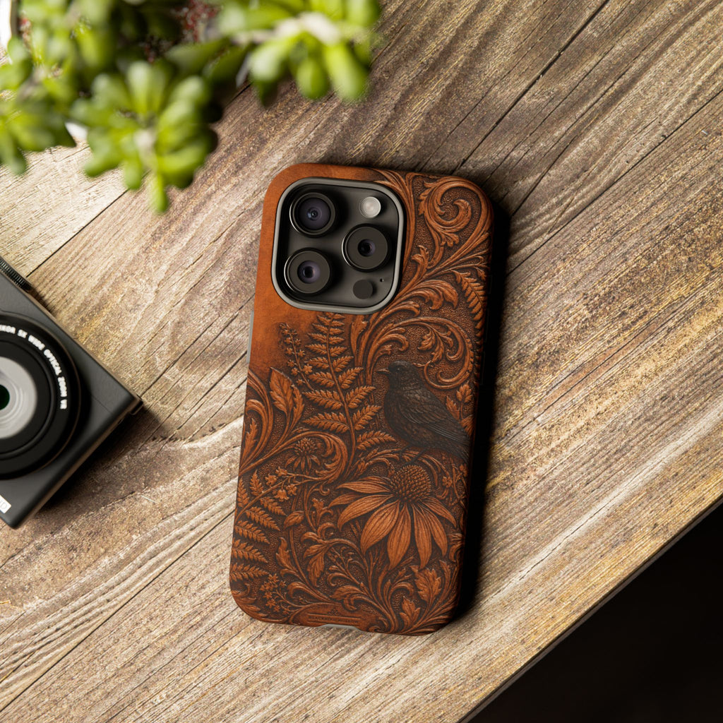 Floral Matte iPhone Case for iPhone 15–17, Tooled Leather Look
