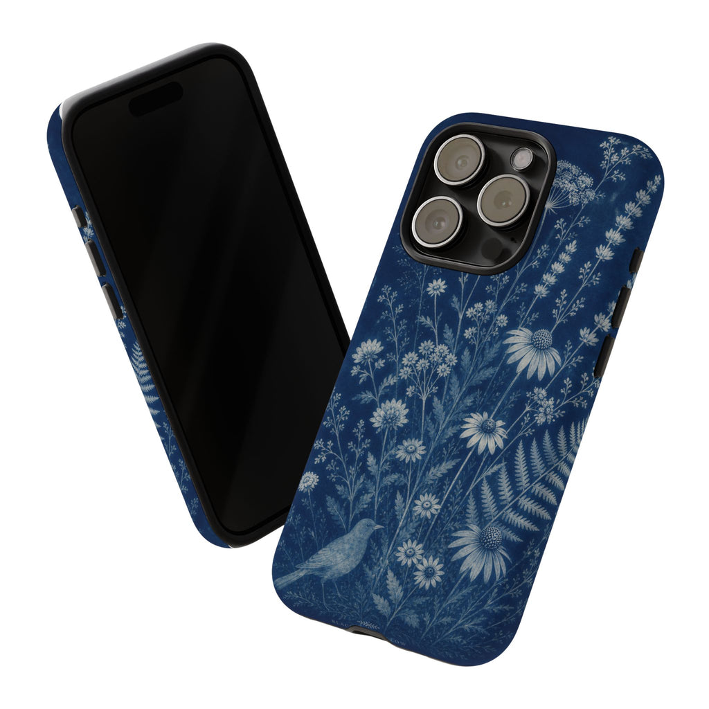 Blue Botanical iPhone Case for iPhone 15–17, Cyanotype Wildflowers