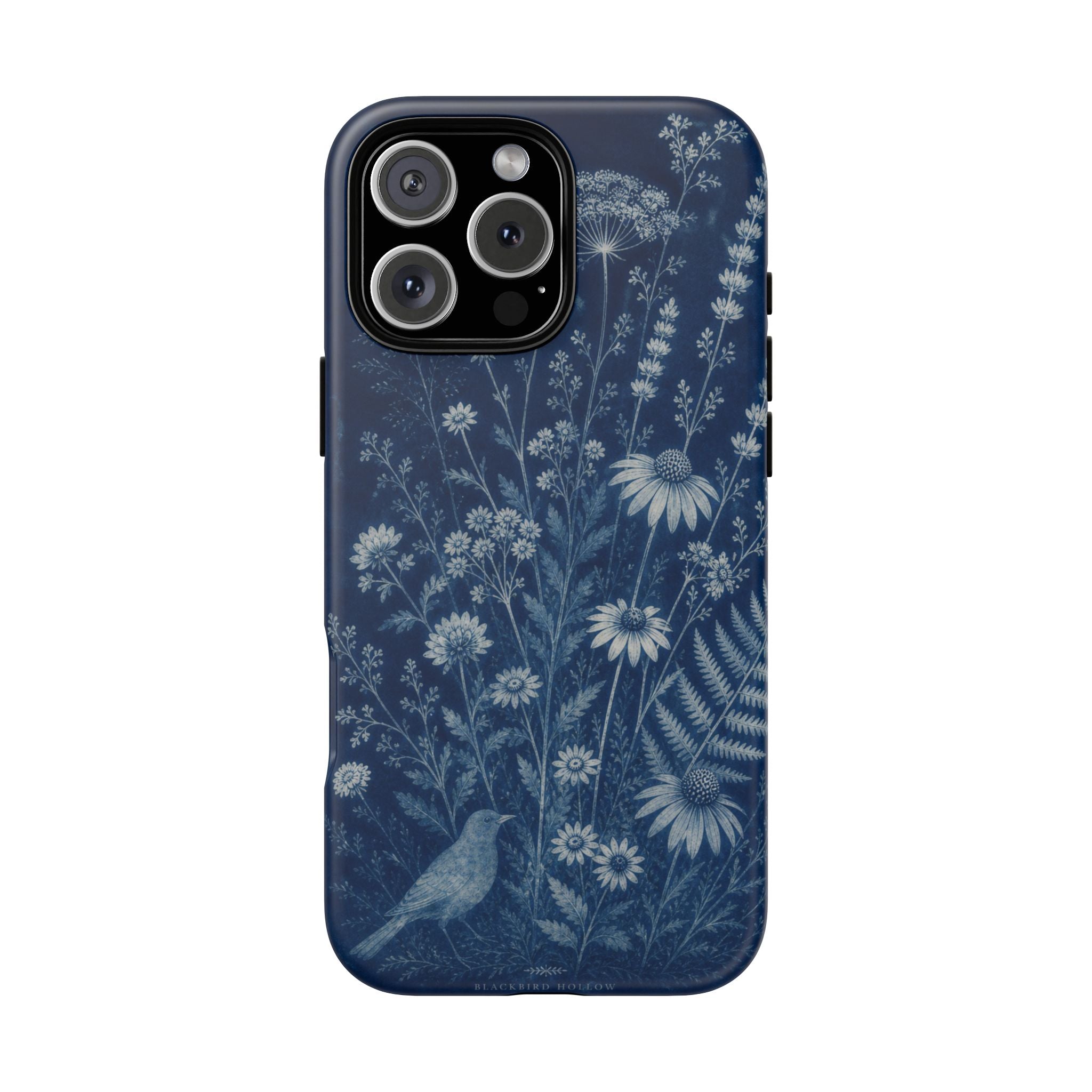Blue Botanical iPhone Case for iPhone 15–17, Cyanotype Wildflowers