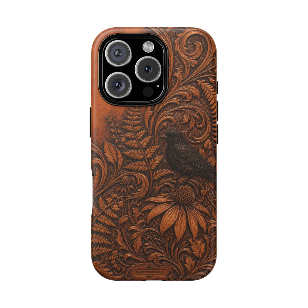 Floral Matte iPhone Case for iPhone 15–17, Tooled Leather Look