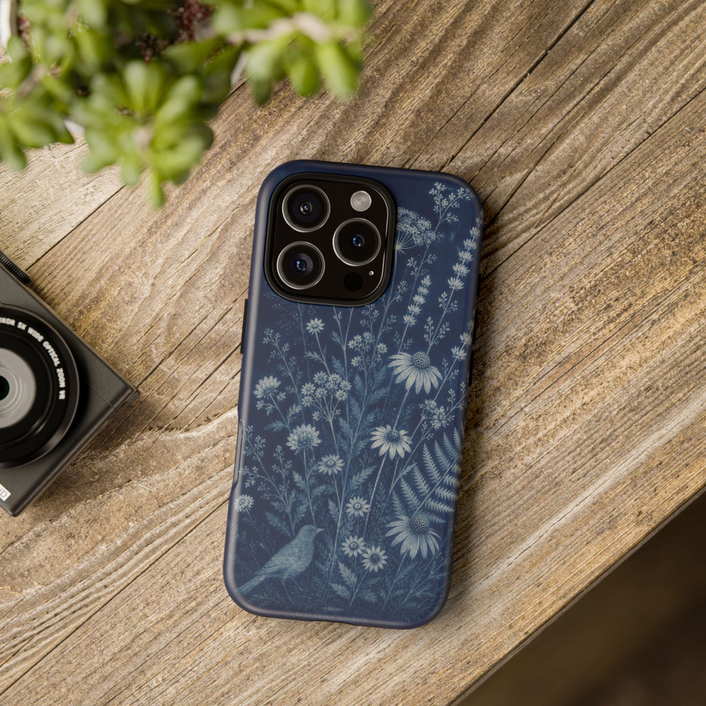 Blue Botanical iPhone Case for iPhone 15–17, Cyanotype Wildflowers
