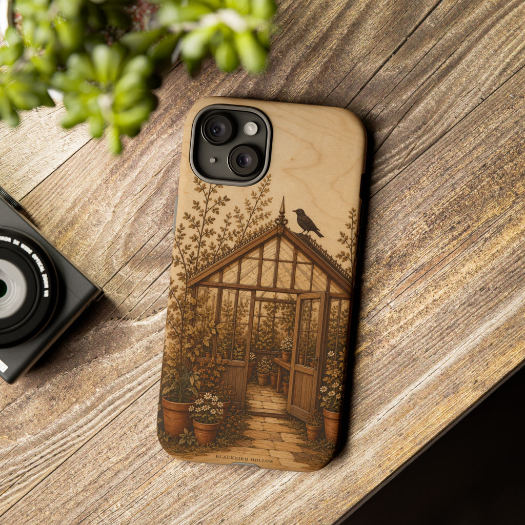 Botanical iPhone Case for iPhone 15–17, Wood Marquetry Greenhouse