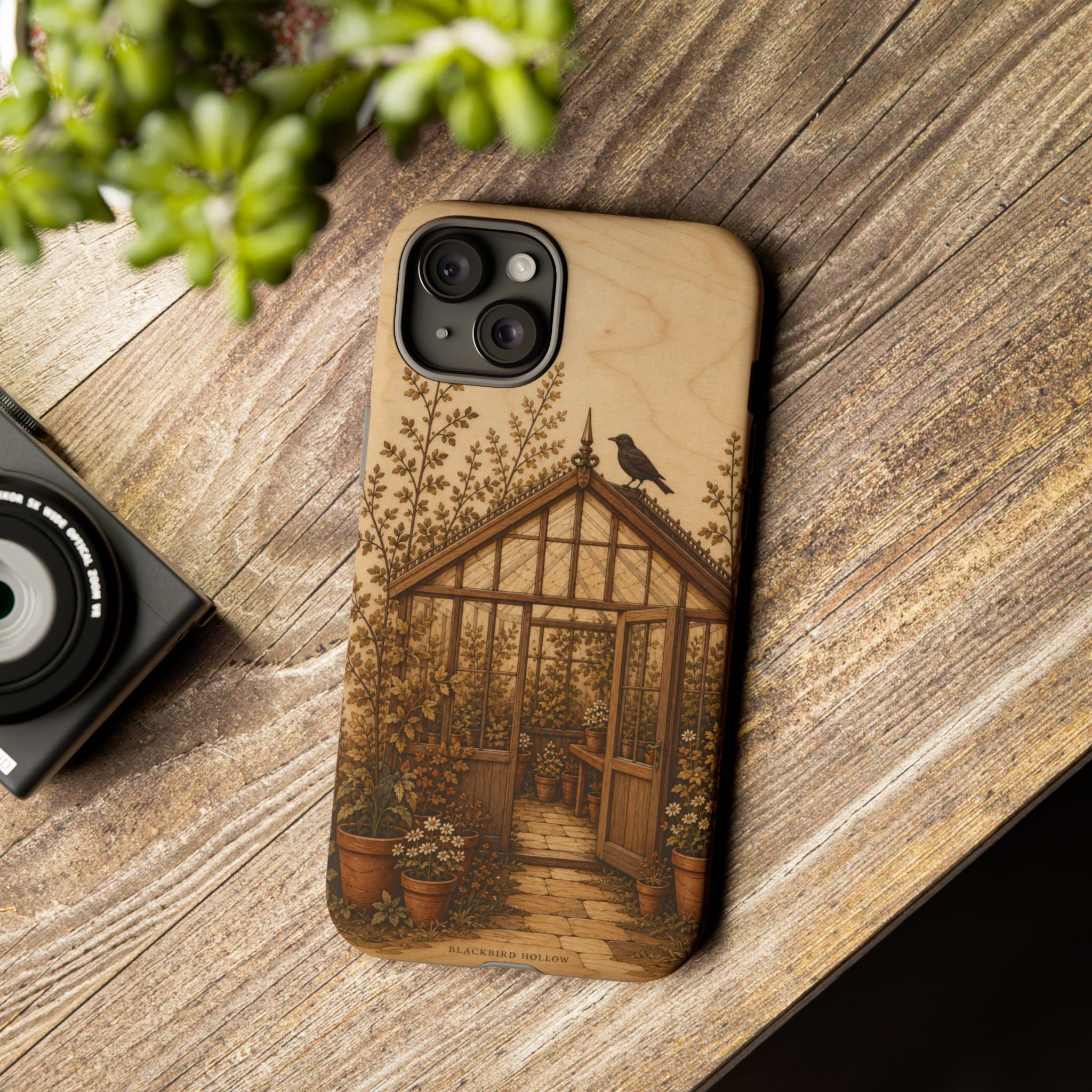 Botanical iPhone Case for iPhone 15–17, Wood Marquetry Greenhouse