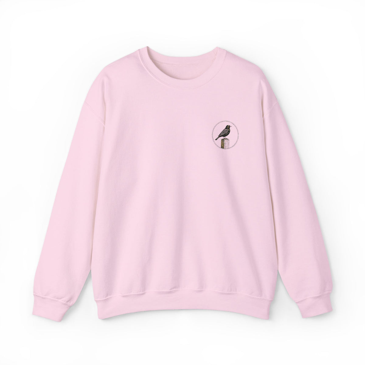 White Crewneck Sweatshirt with Embroidered Patch — Blackbird Graphic