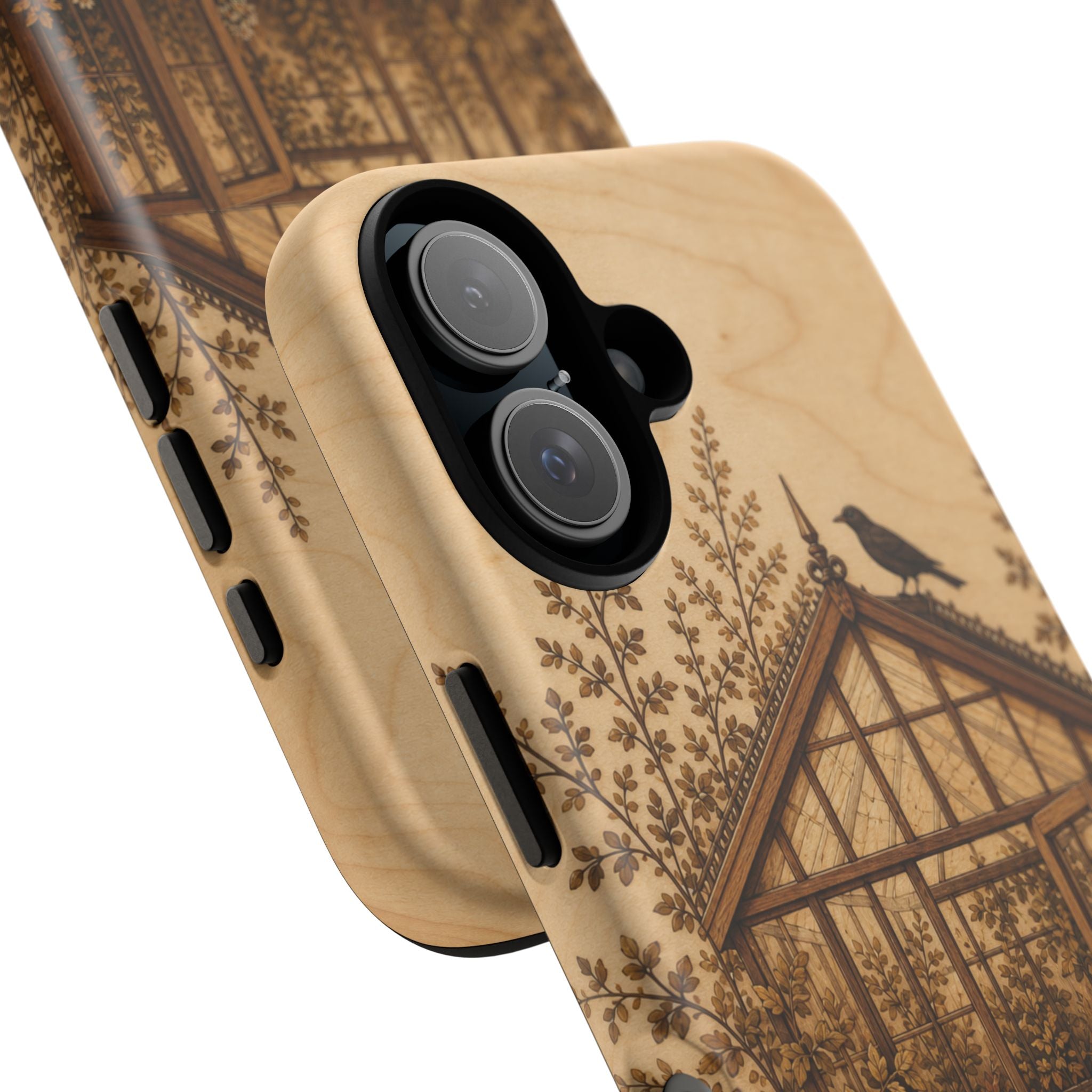 Botanical iPhone Case for iPhone 15–17, Wood Marquetry Greenhouse