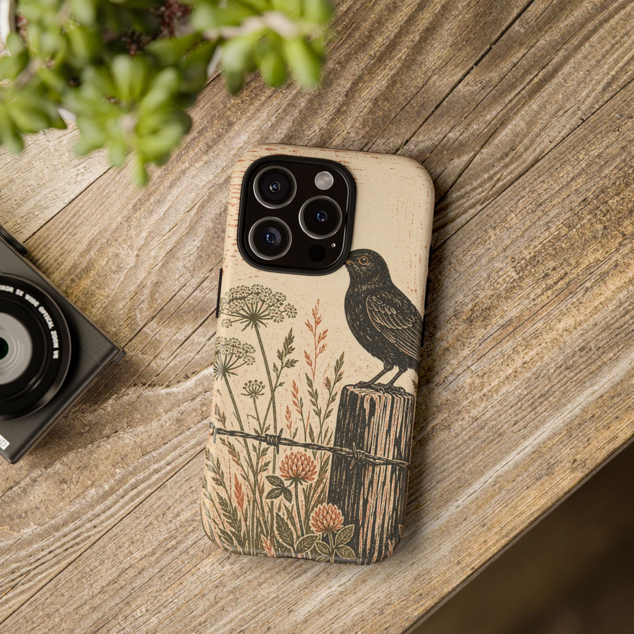Rustic Matte iPhone Case for iPhone 15–17, Blackbird Linocut