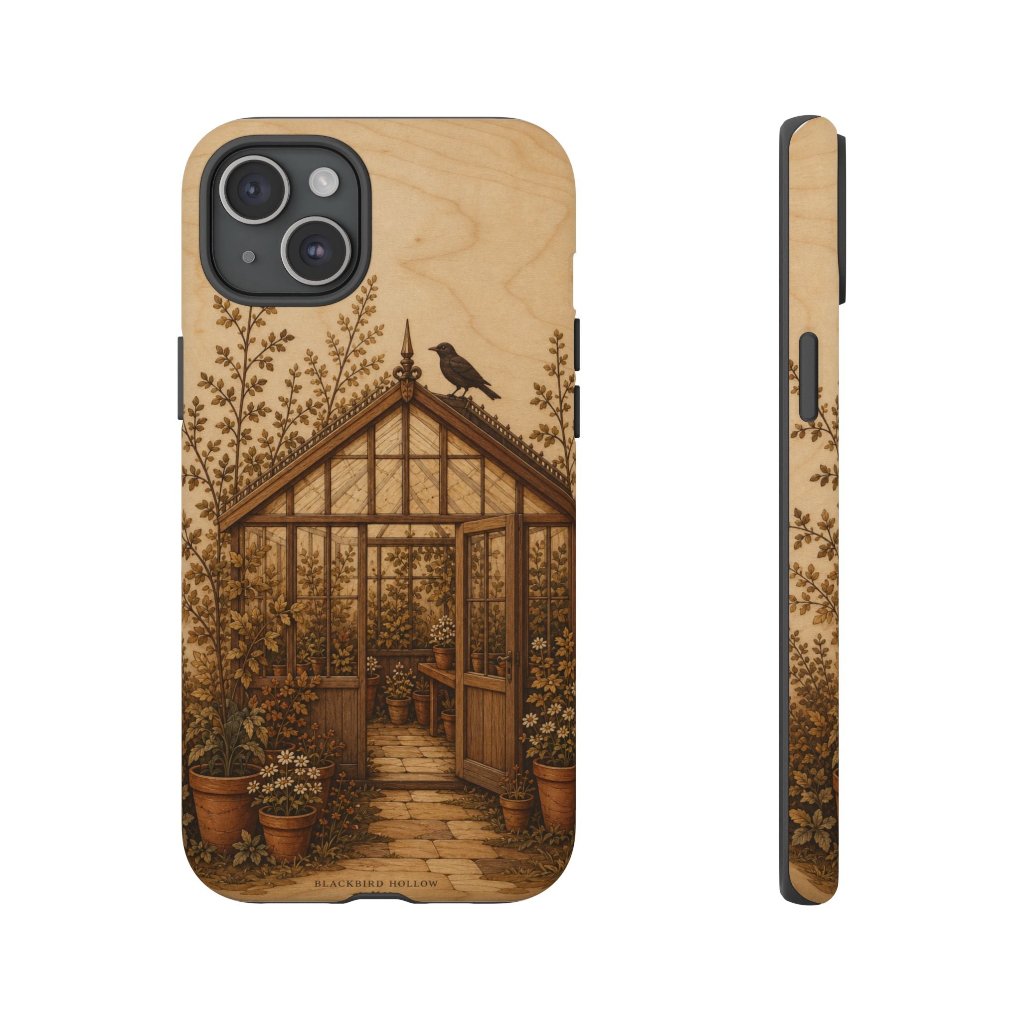 Botanical iPhone Case for iPhone 15–17, Wood Marquetry Greenhouse