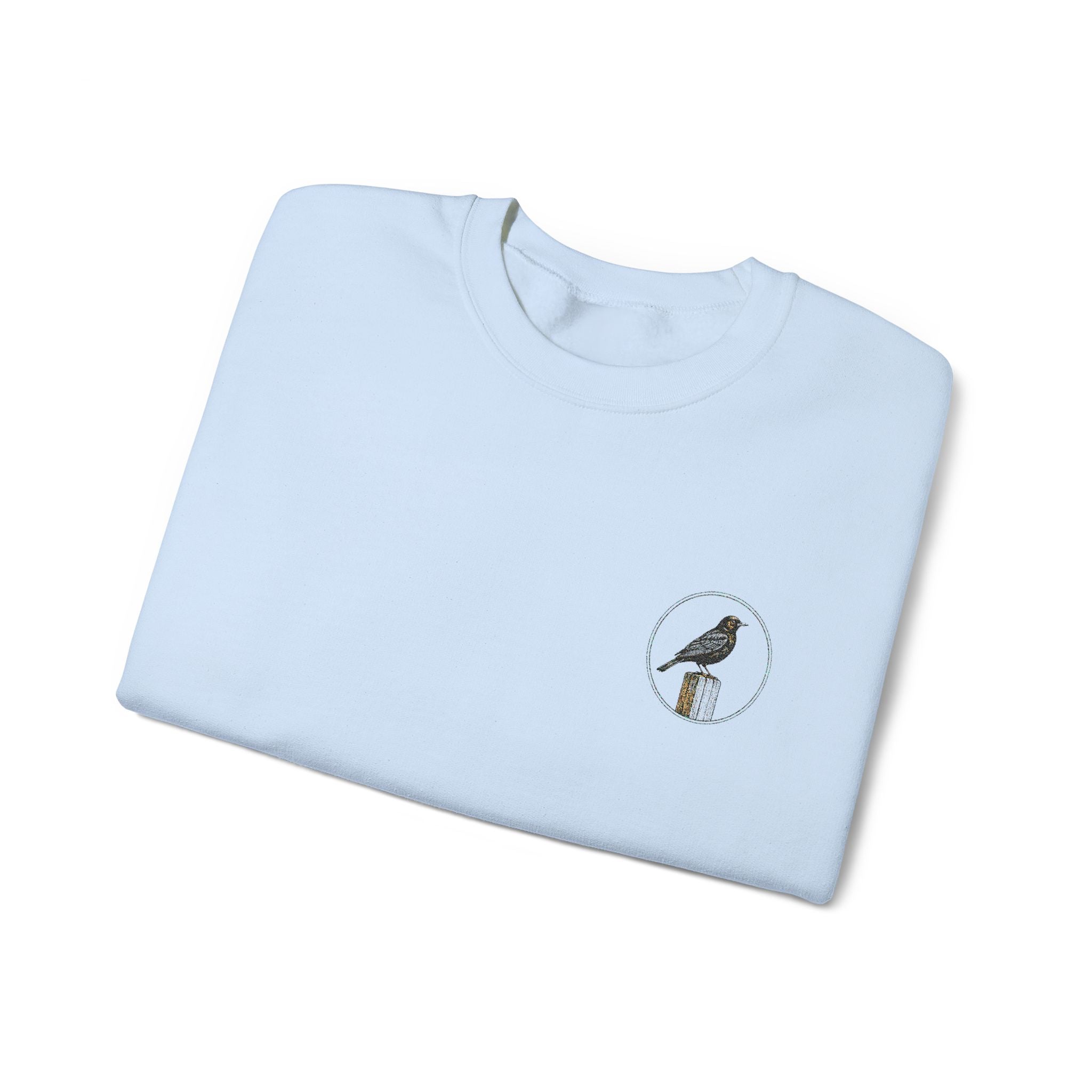 White Crewneck Sweatshirt with Embroidered Patch — Blackbird Graphic