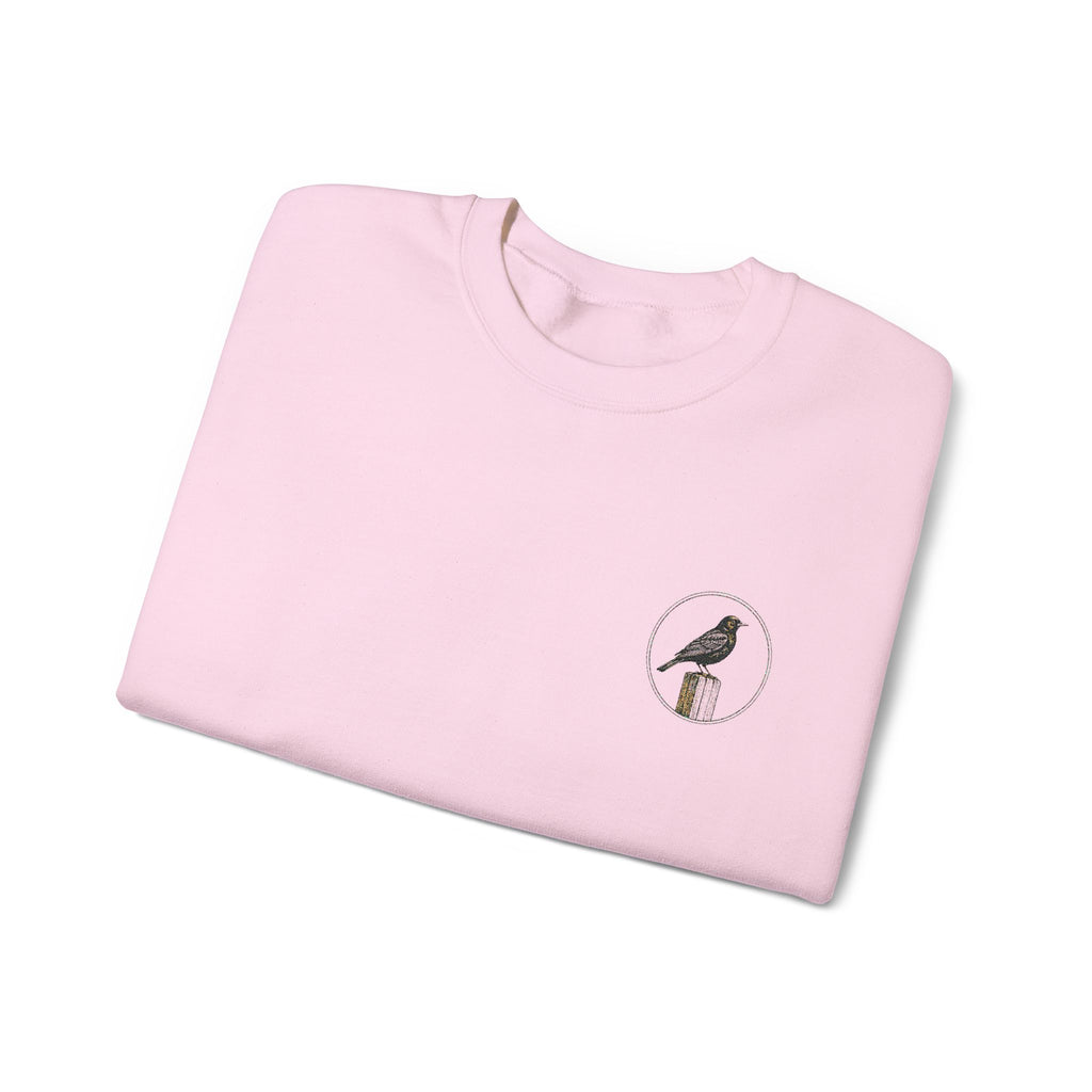 White Crewneck Sweatshirt with Embroidered Patch — Blackbird Graphic