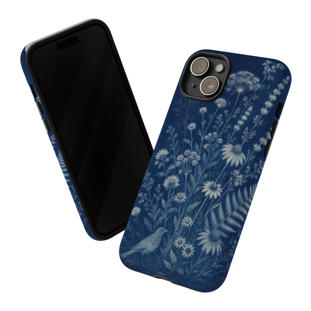 Blue Botanical iPhone Case for iPhone 15–17, Cyanotype Wildflowers