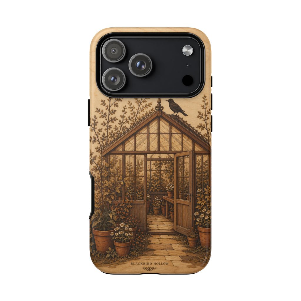 Botanical iPhone Case for iPhone 15–17, Wood Marquetry Greenhouse