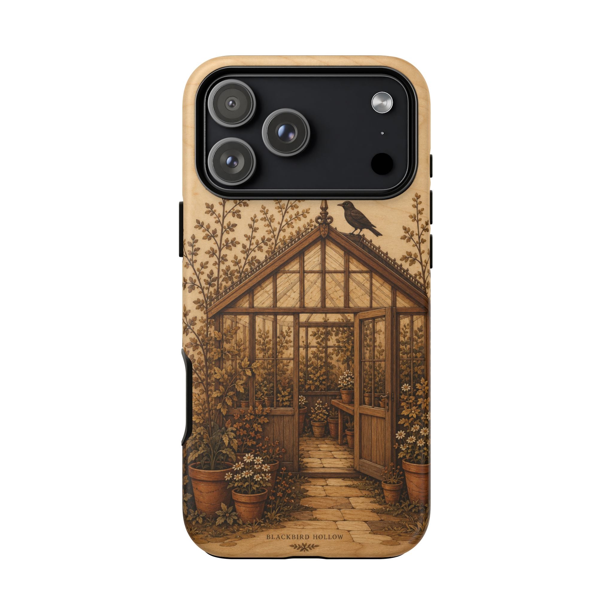 Botanical iPhone Case for iPhone 15–17, Wood Marquetry Greenhouse