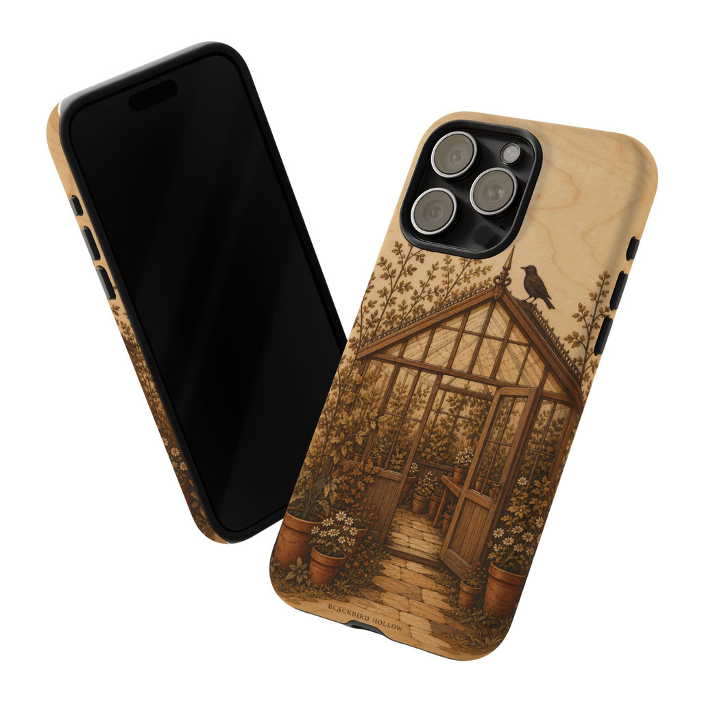 Botanical iPhone Case for iPhone 15–17, Wood Marquetry Greenhouse