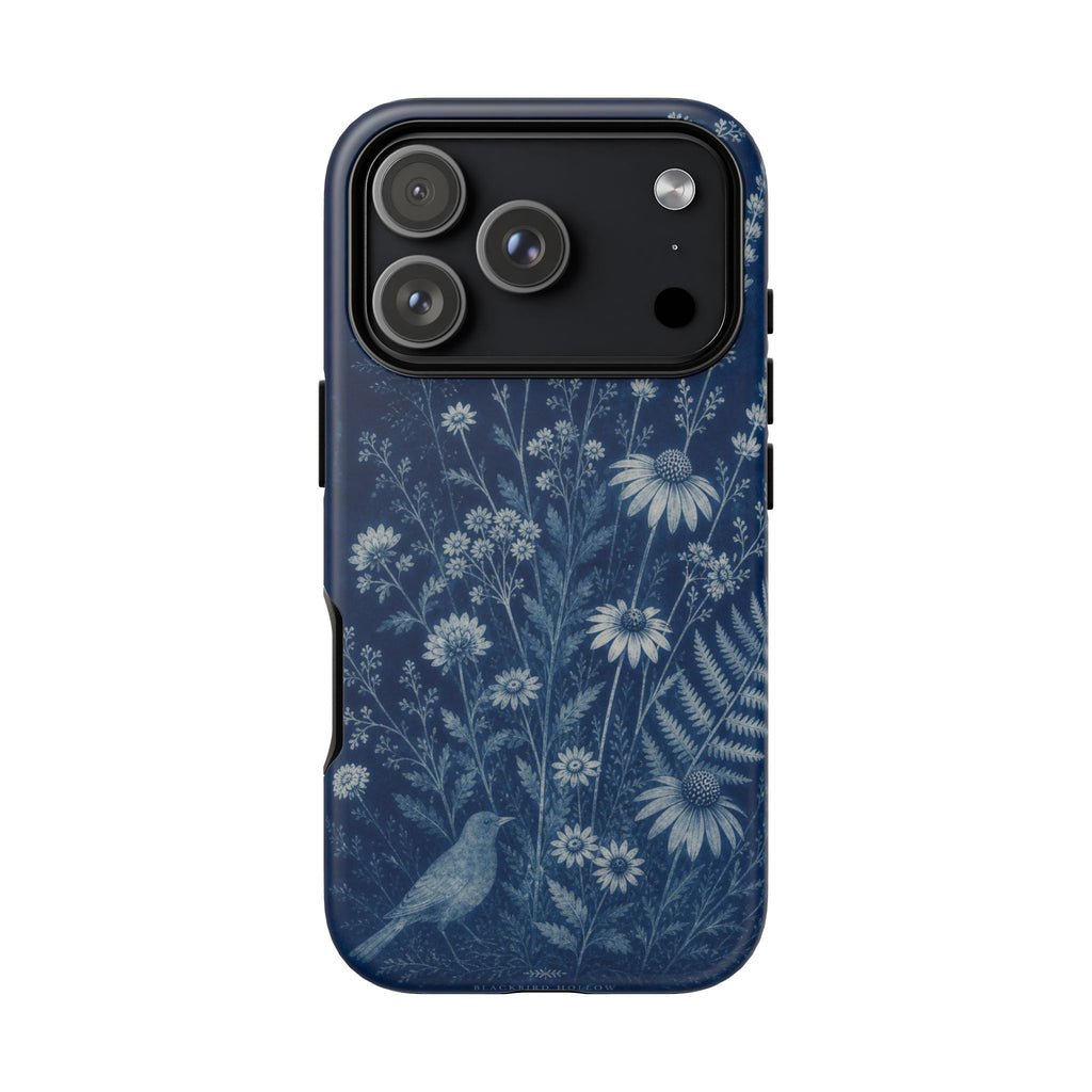 Blue Botanical iPhone Case for iPhone 15–17, Cyanotype Wildflowers