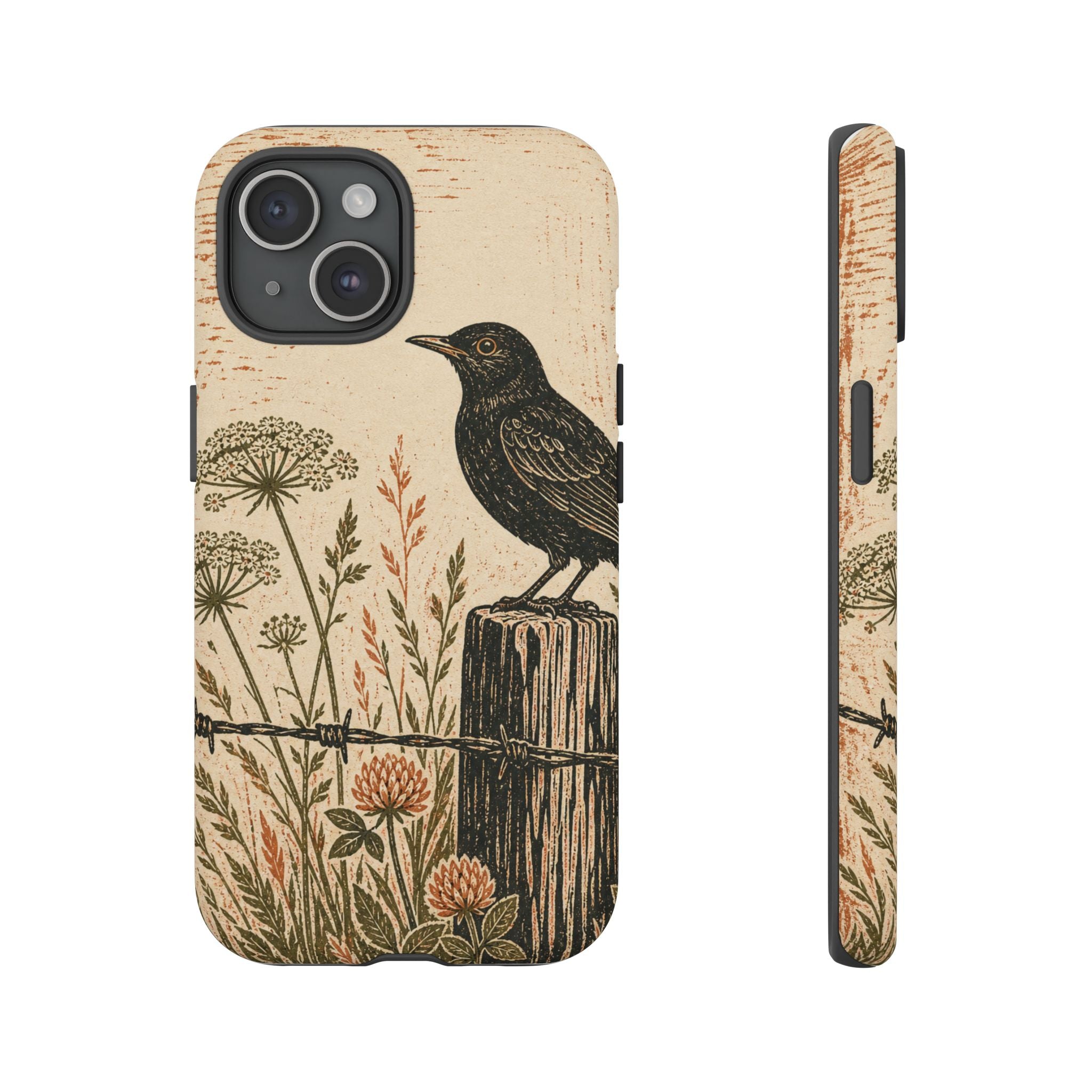 Rustic Matte iPhone Case for iPhone 15–17, Blackbird Linocut