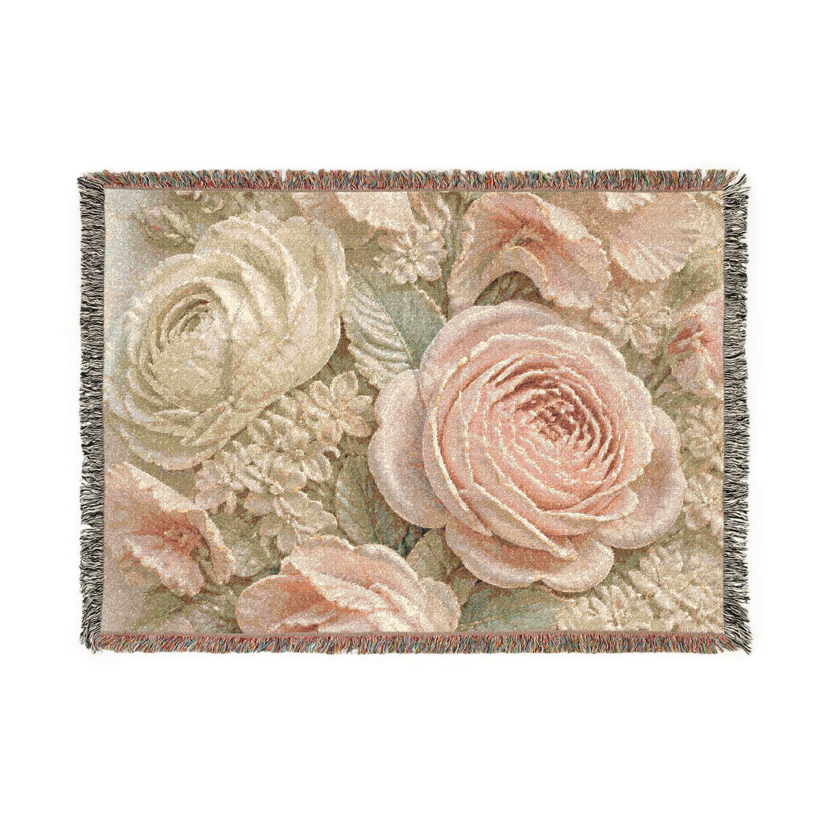 Porcelain Rose Cameo Woven Cotton Blanket, Floral Wedding Throw, 60 x 80