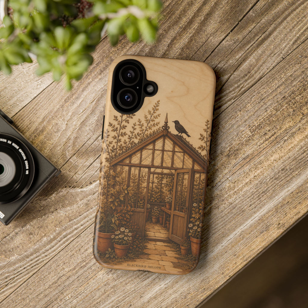 Botanical iPhone Case for iPhone 15–17, Wood Marquetry Greenhouse