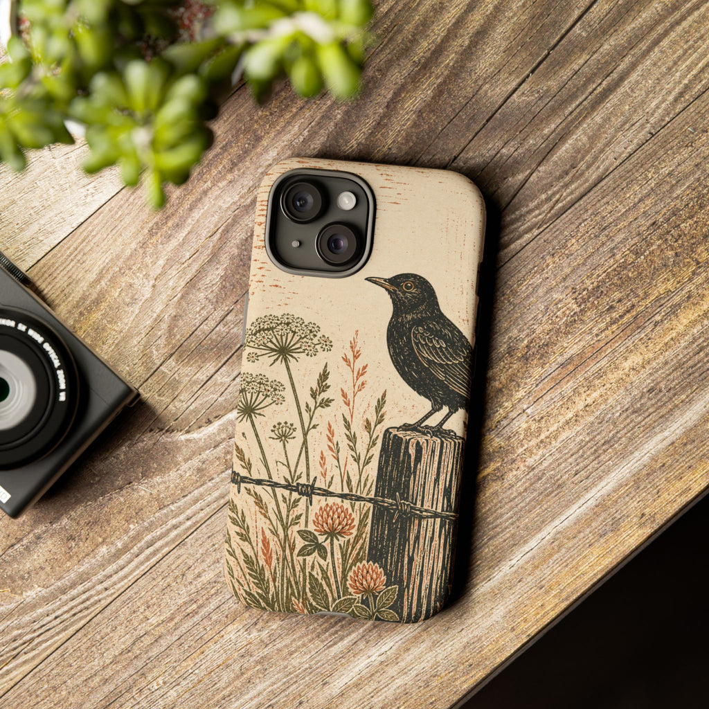 Rustic Matte iPhone Case for iPhone 15–17, Blackbird Linocut