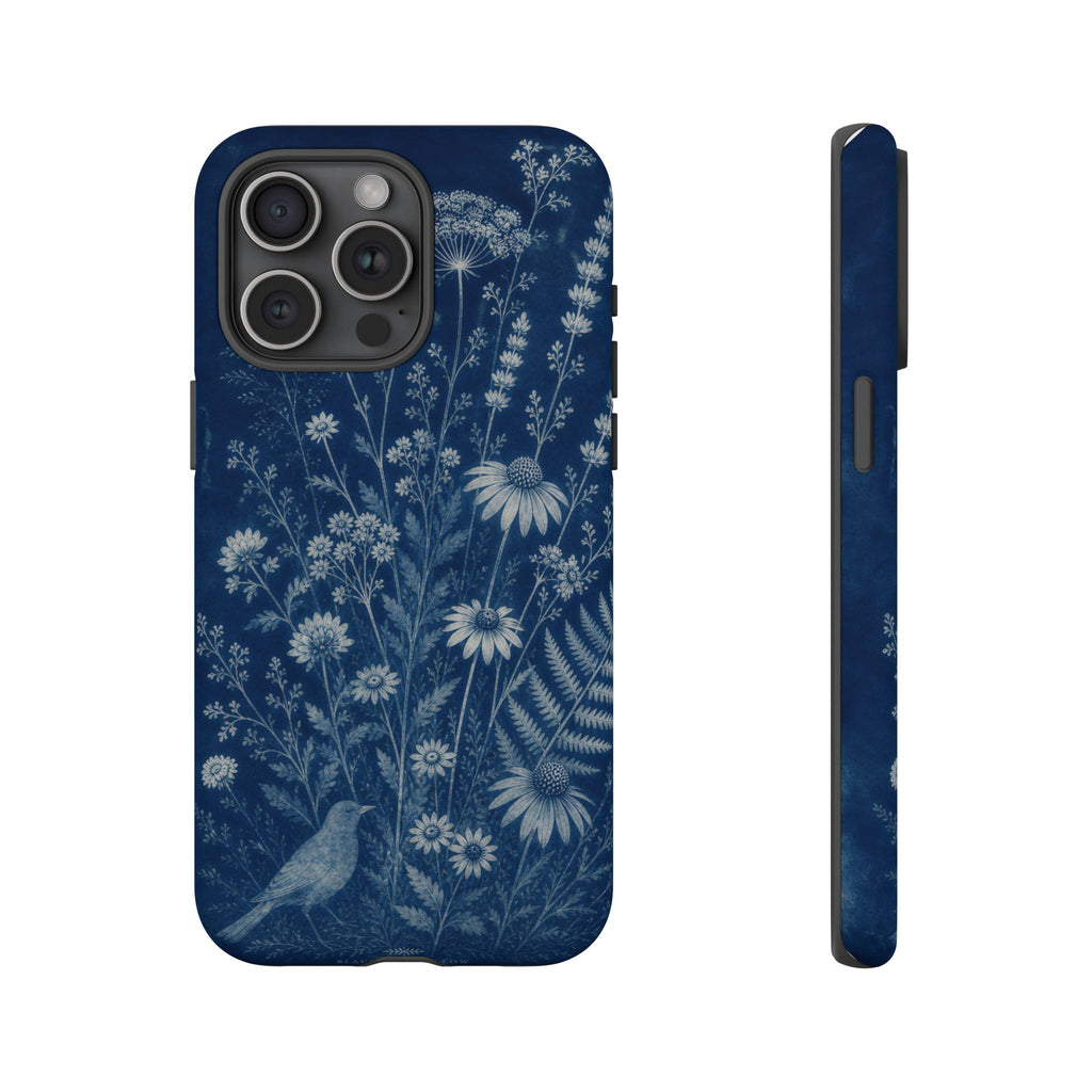Blue Botanical iPhone Case for iPhone 15–17, Cyanotype Wildflowers