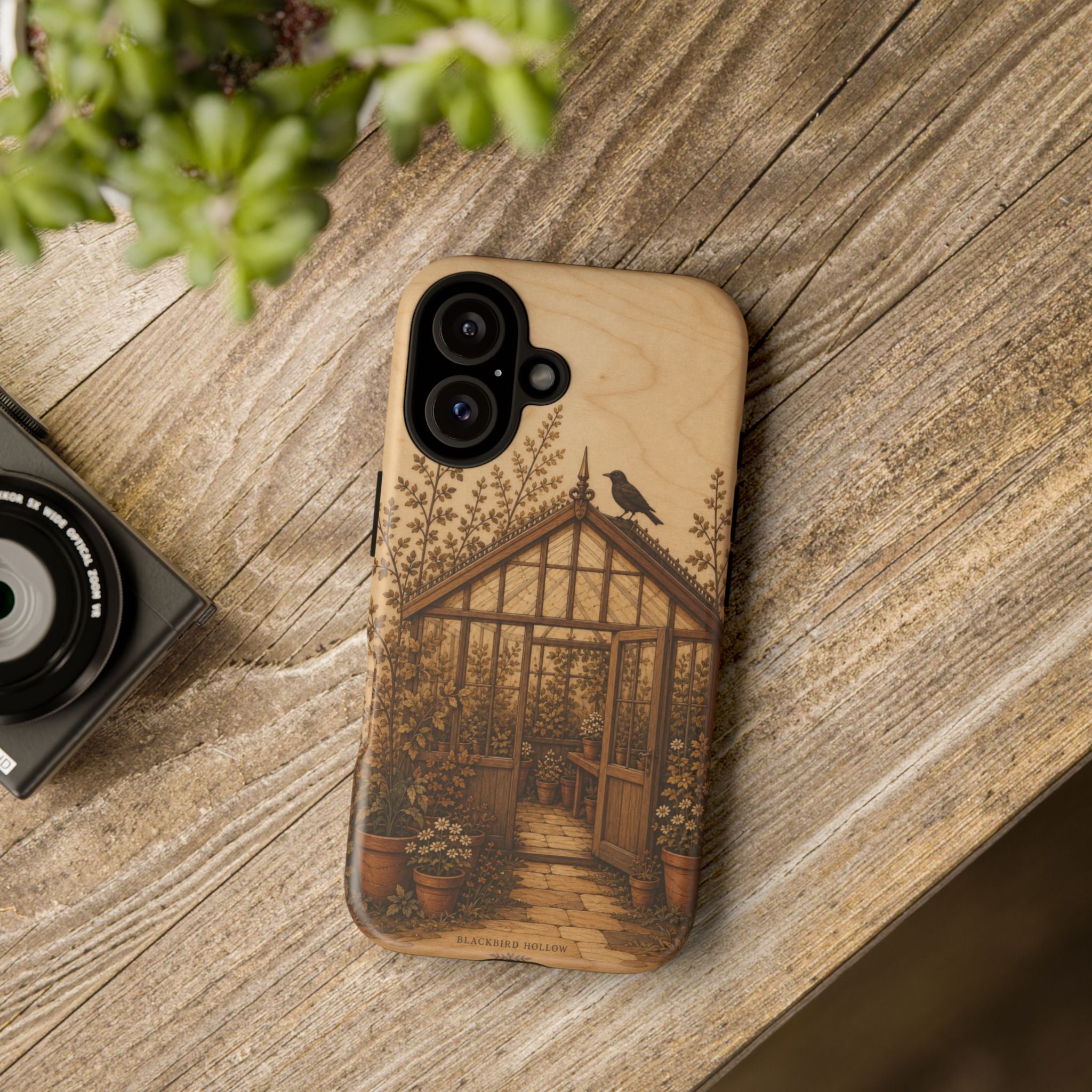 Botanical iPhone Case for iPhone 15–17, Wood Marquetry Greenhouse