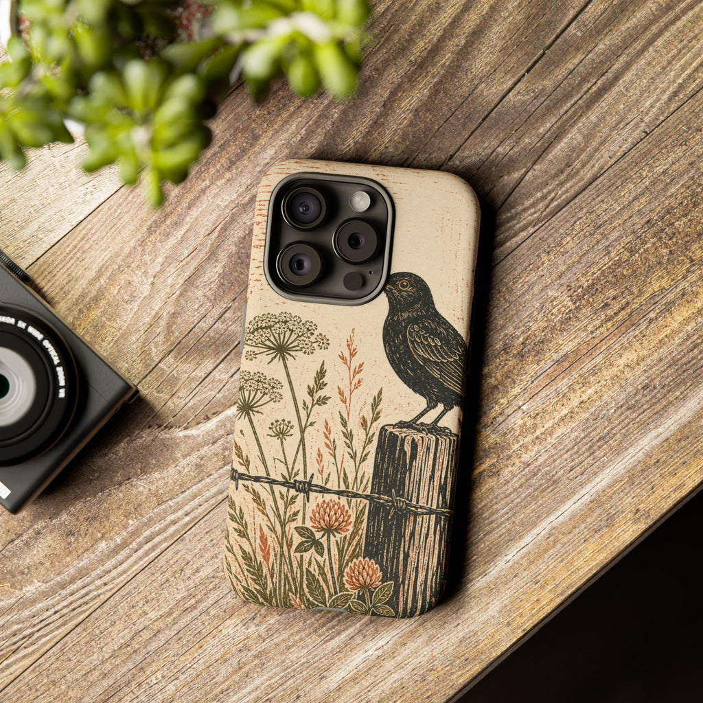 Rustic Matte iPhone Case for iPhone 15–17, Blackbird Linocut