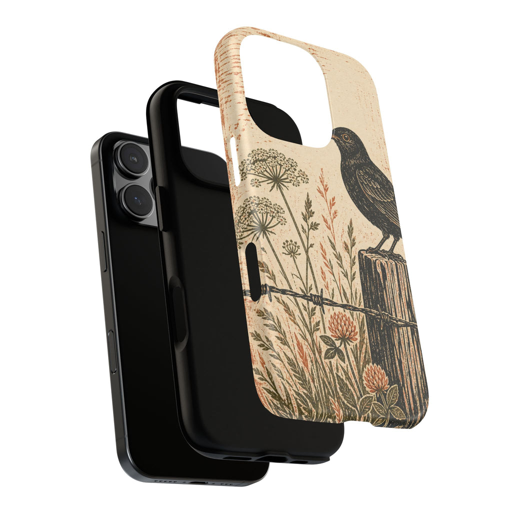Rustic Matte iPhone Case for iPhone 15–17, Blackbird Linocut