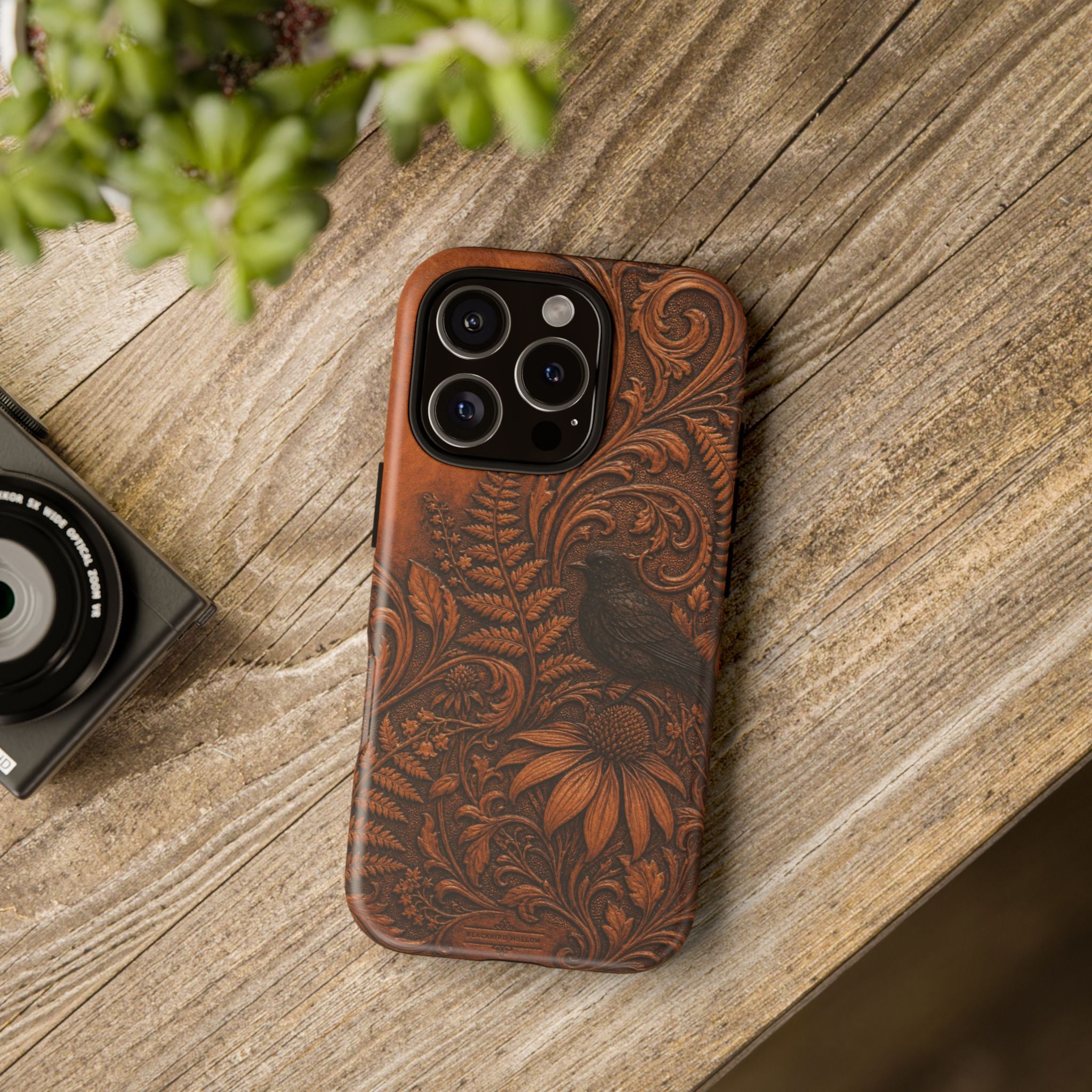 Floral Matte iPhone Case for iPhone 15–17, Tooled Leather Look