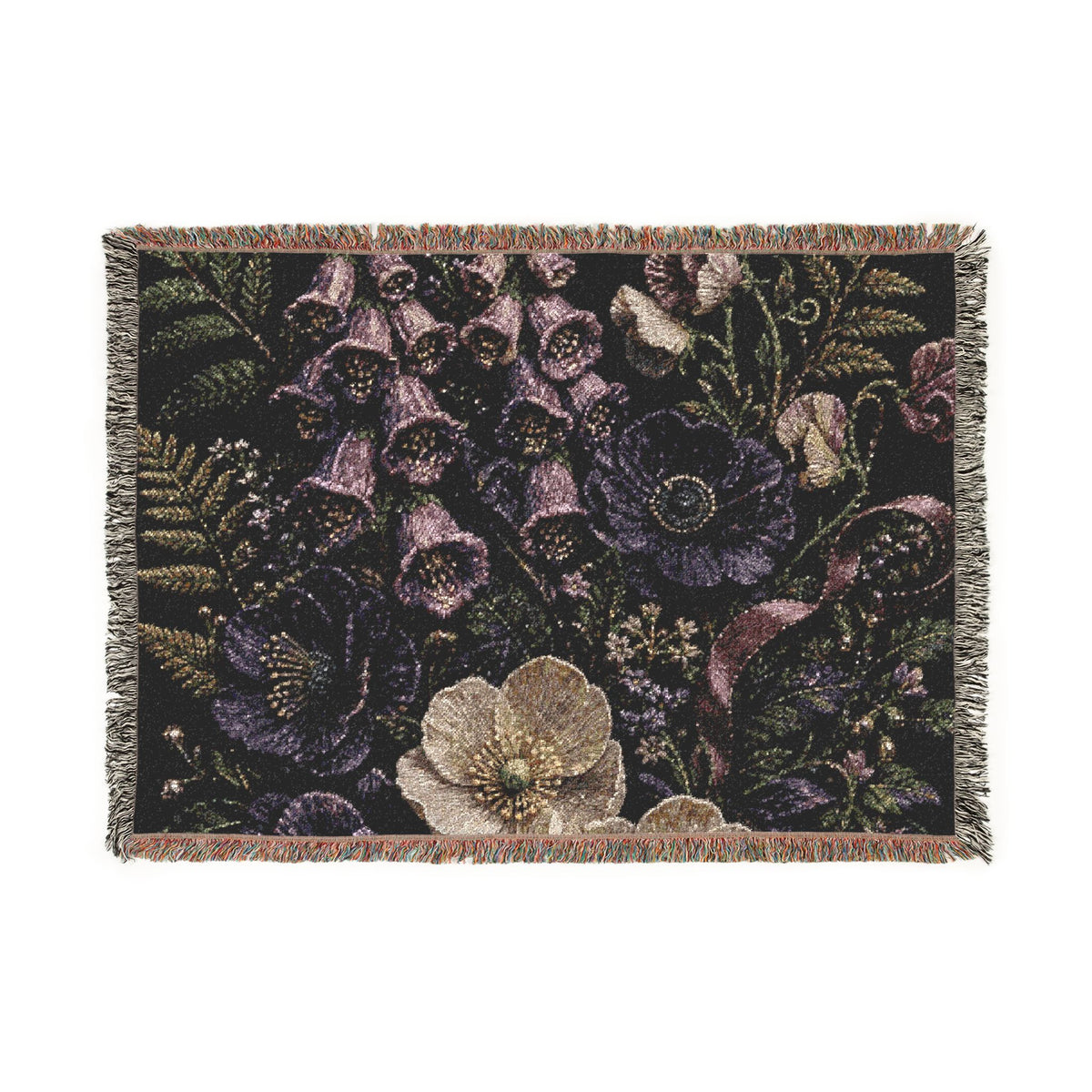 Midnight Needlework Woven Cotton Blanket, Floral Wedding Throw, 60 x 80