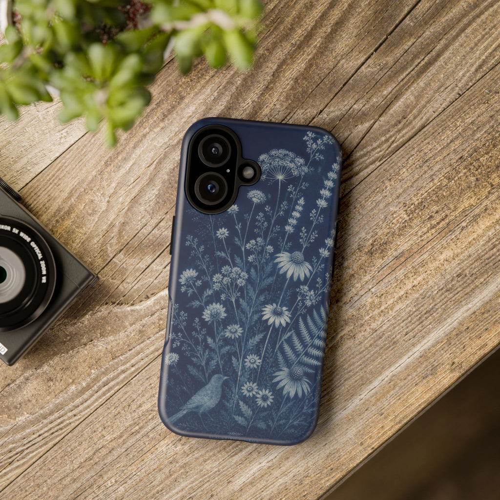 Blue Botanical iPhone Case for iPhone 15–17, Cyanotype Wildflowers