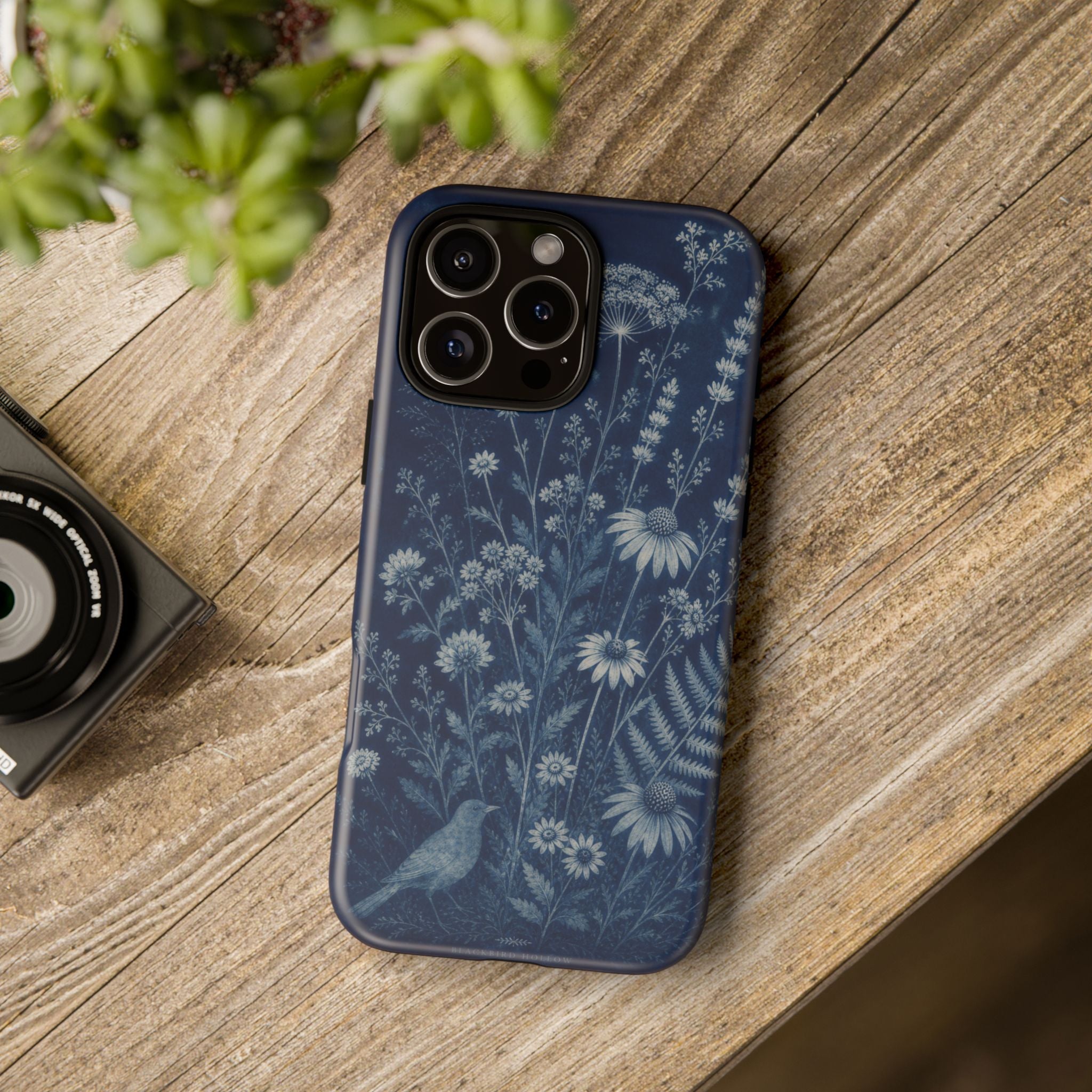 Blue Botanical iPhone Case for iPhone 15–17, Cyanotype Wildflowers