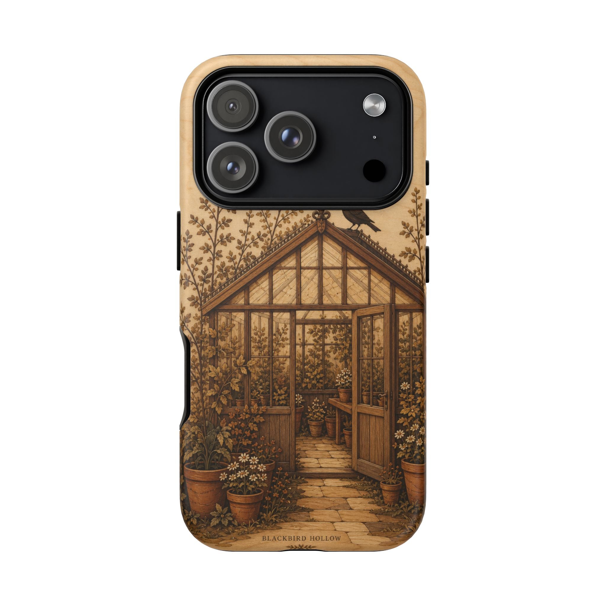 Botanical iPhone Case for iPhone 15–17, Wood Marquetry Greenhouse