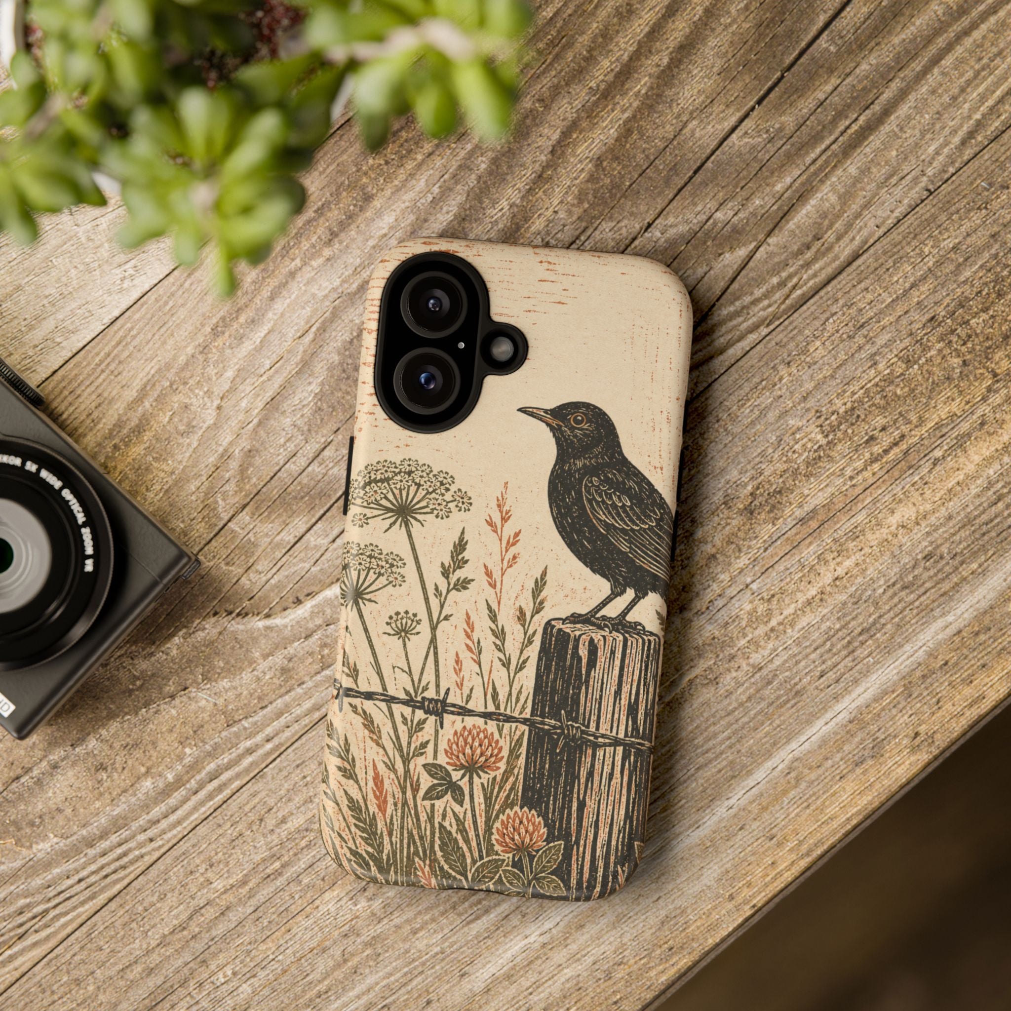Rustic Matte iPhone Case for iPhone 15–17, Blackbird Linocut