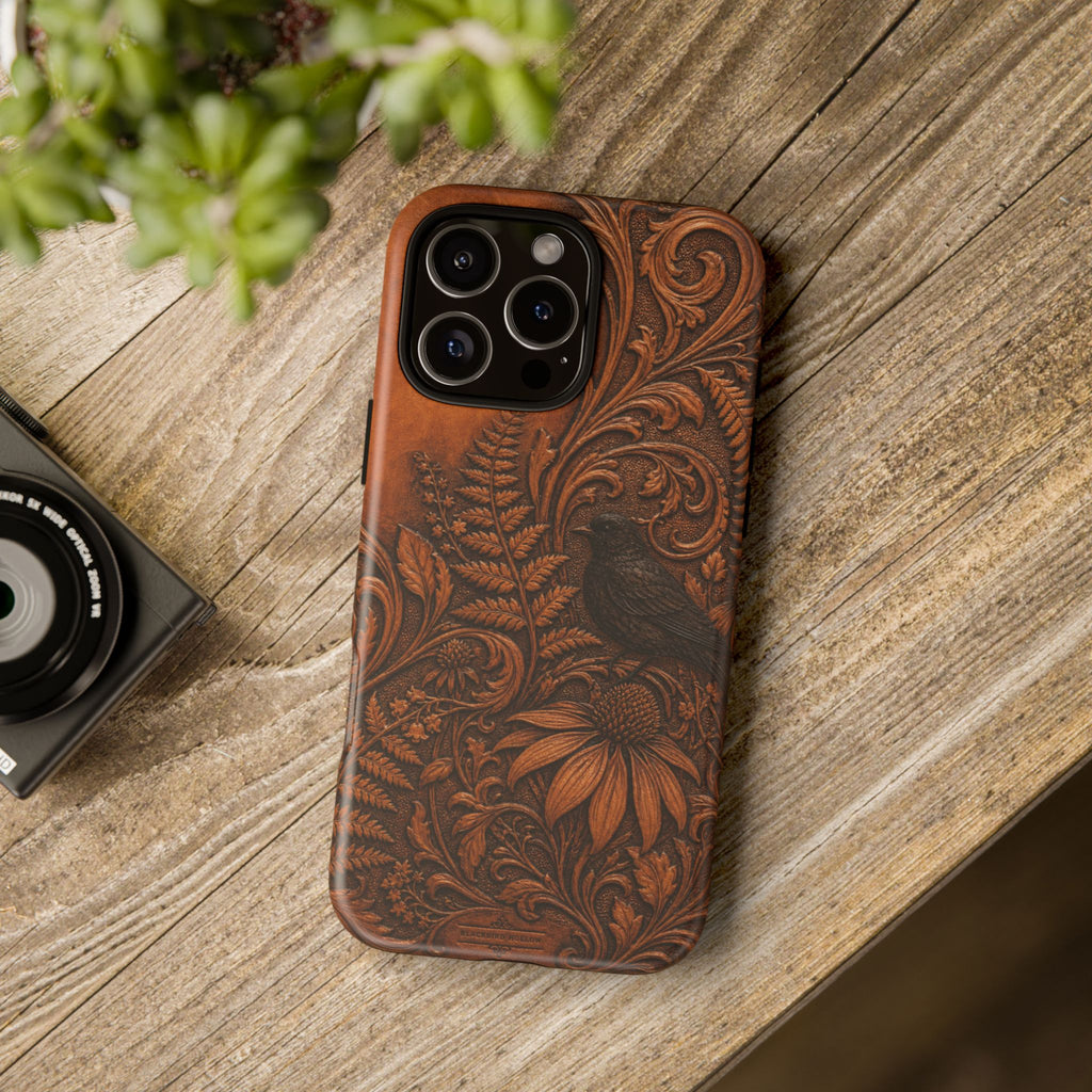 Floral Matte iPhone Case for iPhone 15–17, Tooled Leather Look