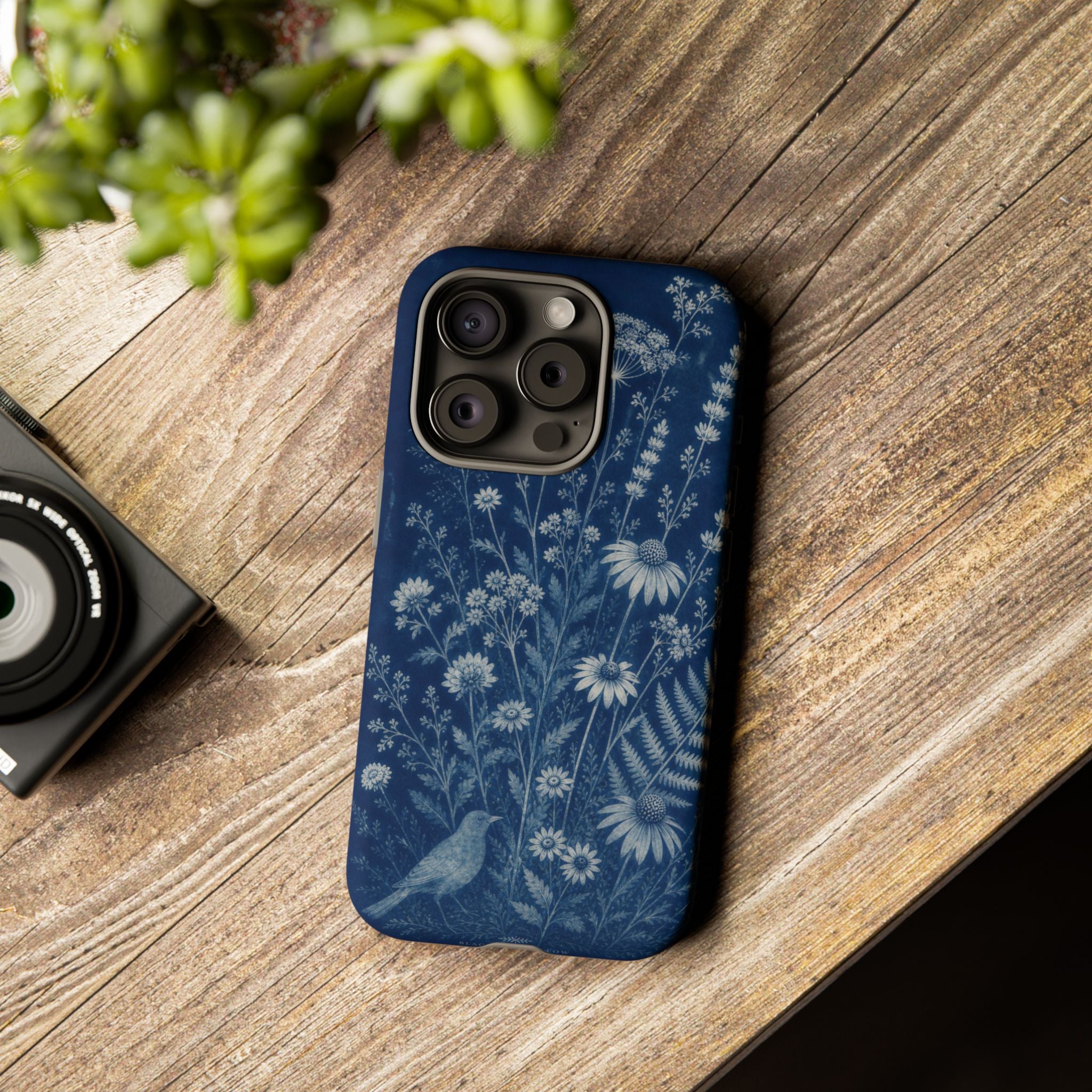Blue Botanical iPhone Case for iPhone 15–17, Cyanotype Wildflowers