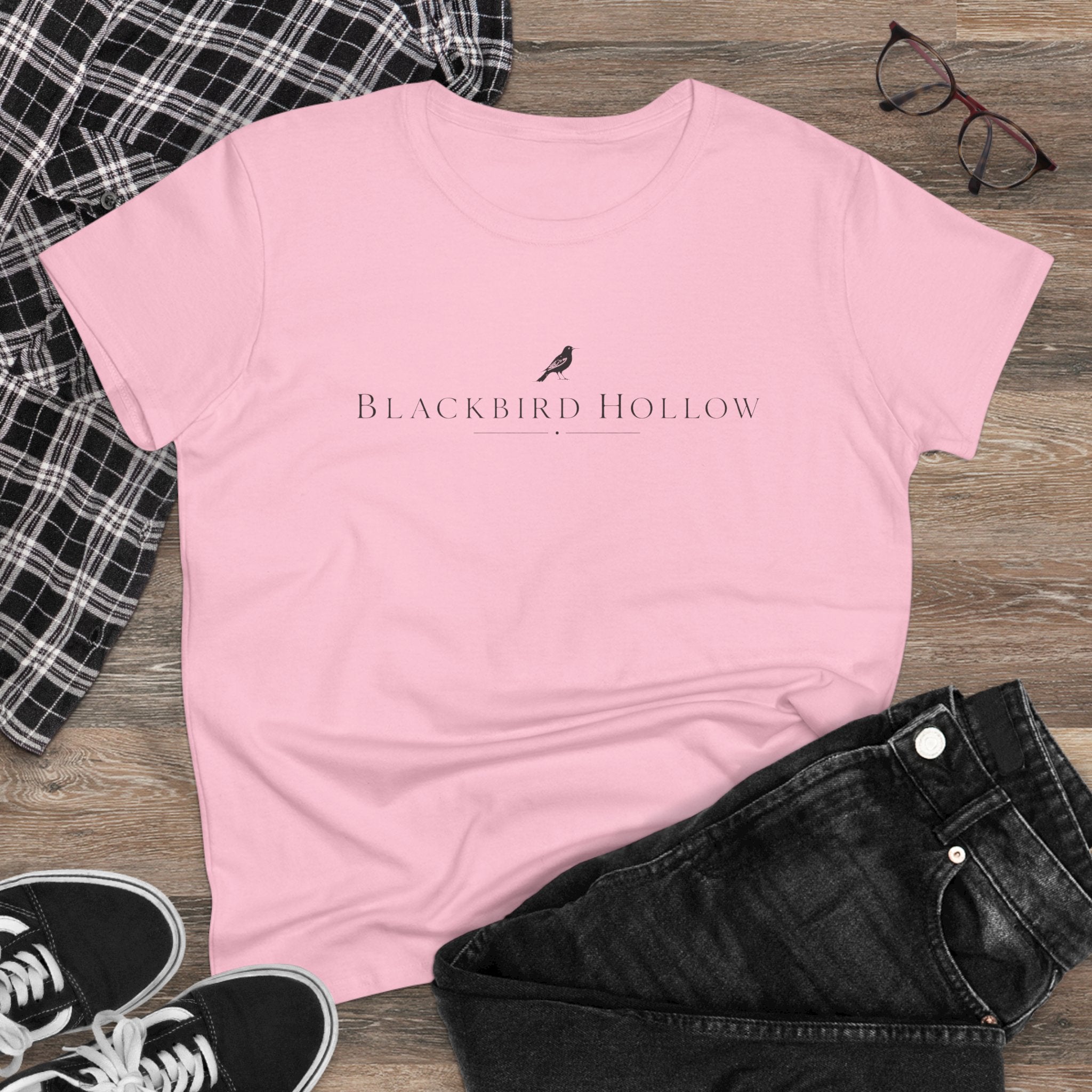 Blackbird Hollow Women's Tee — Minimal Script Logo Cotton Shirt