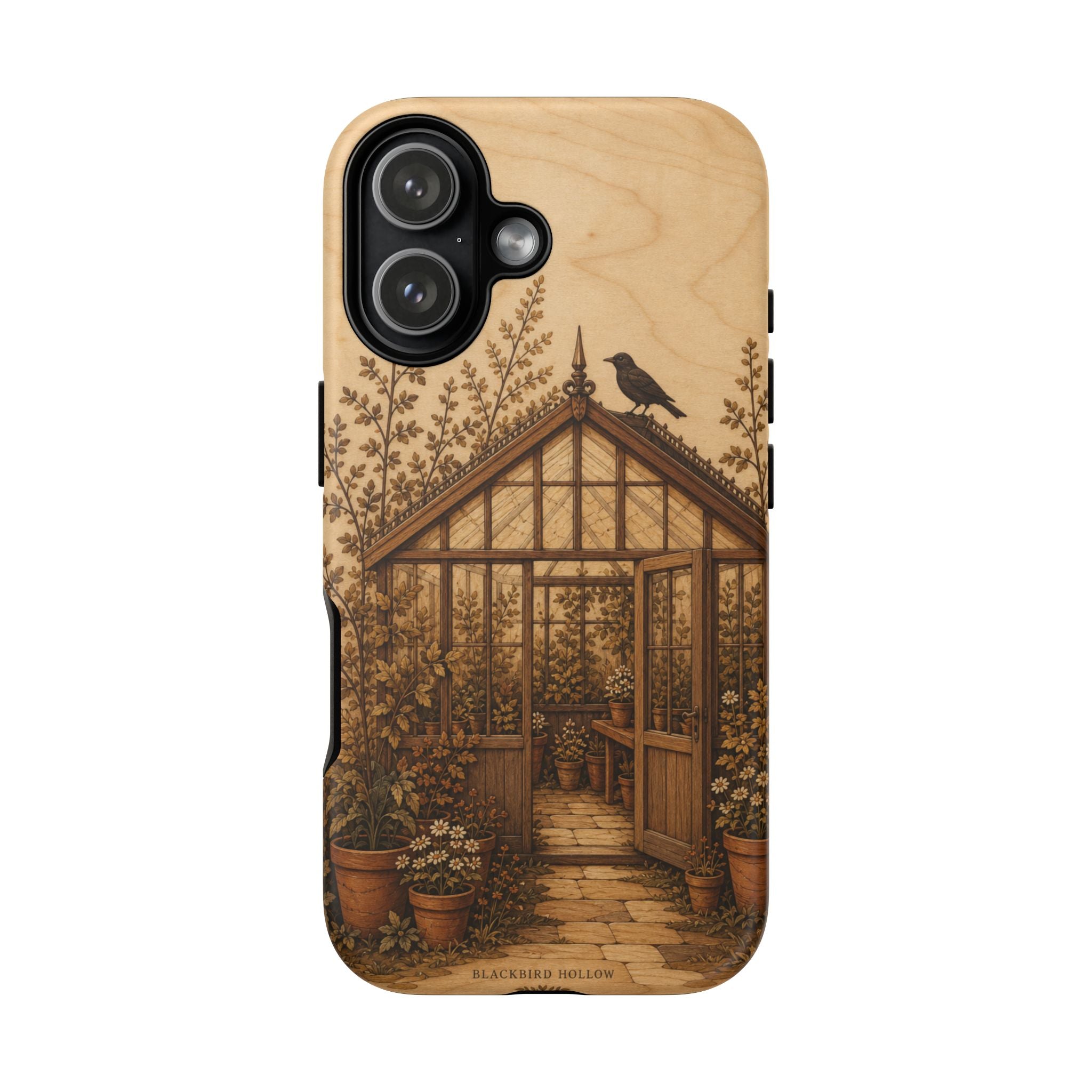 Botanical iPhone Case for iPhone 15–17, Wood Marquetry Greenhouse